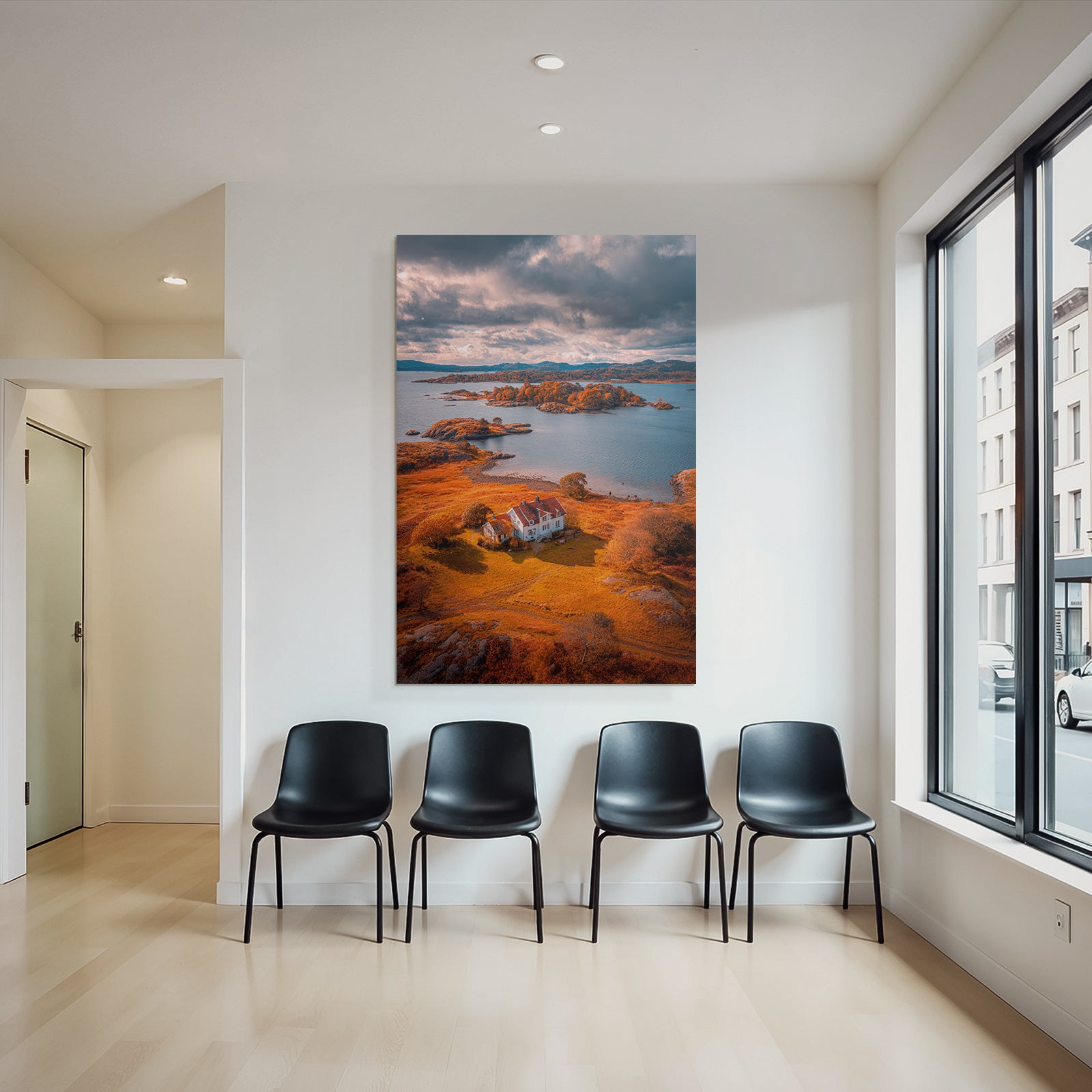 Herbstliche Landschaft Mit Haus Und Wasser Und Inseln