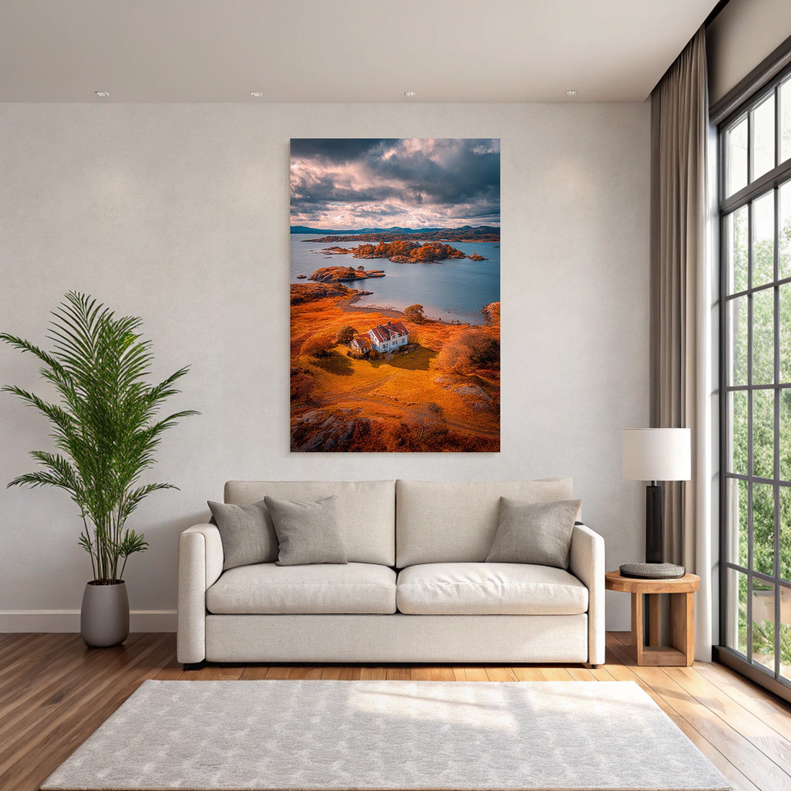 Herbstliche Landschaft Mit Haus Und Wasser Und Inseln