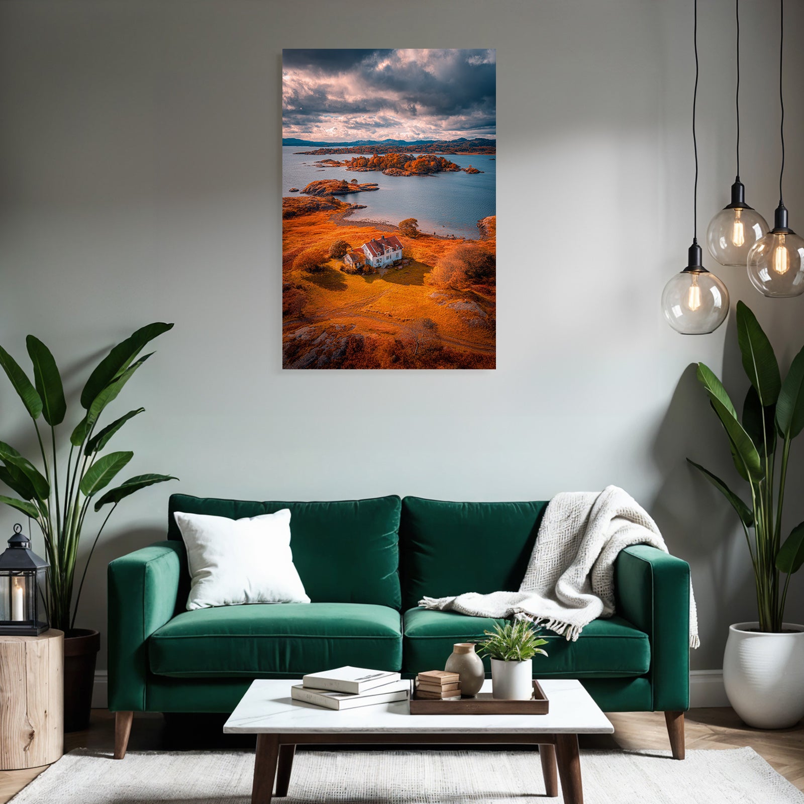 Herbstliche Landschaft Mit Haus Und Wasser Und Inseln