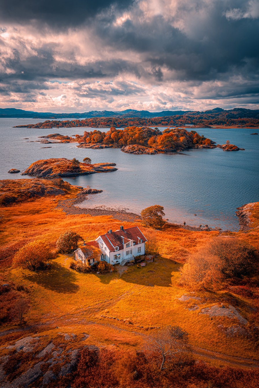 Herbstliche Landschaft Mit Haus Und Wasser Und Inseln | Reisen und Outdoor | Themen und Hobbys