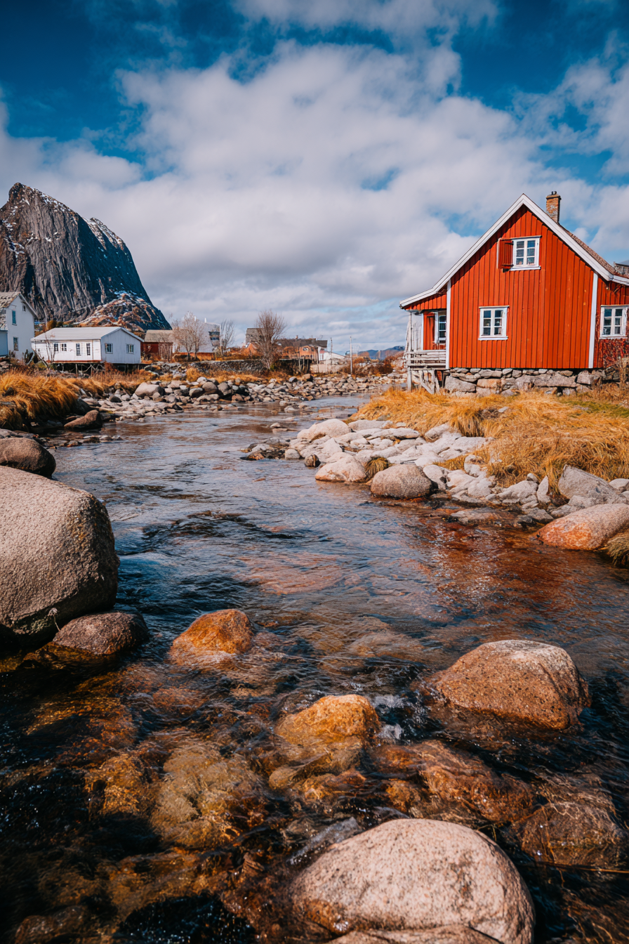 Idyllische Landschaft Mit Rotem Holzhaus Und Stream In Den Bergen | Reisen und Outdoor | Themen und Hobbys