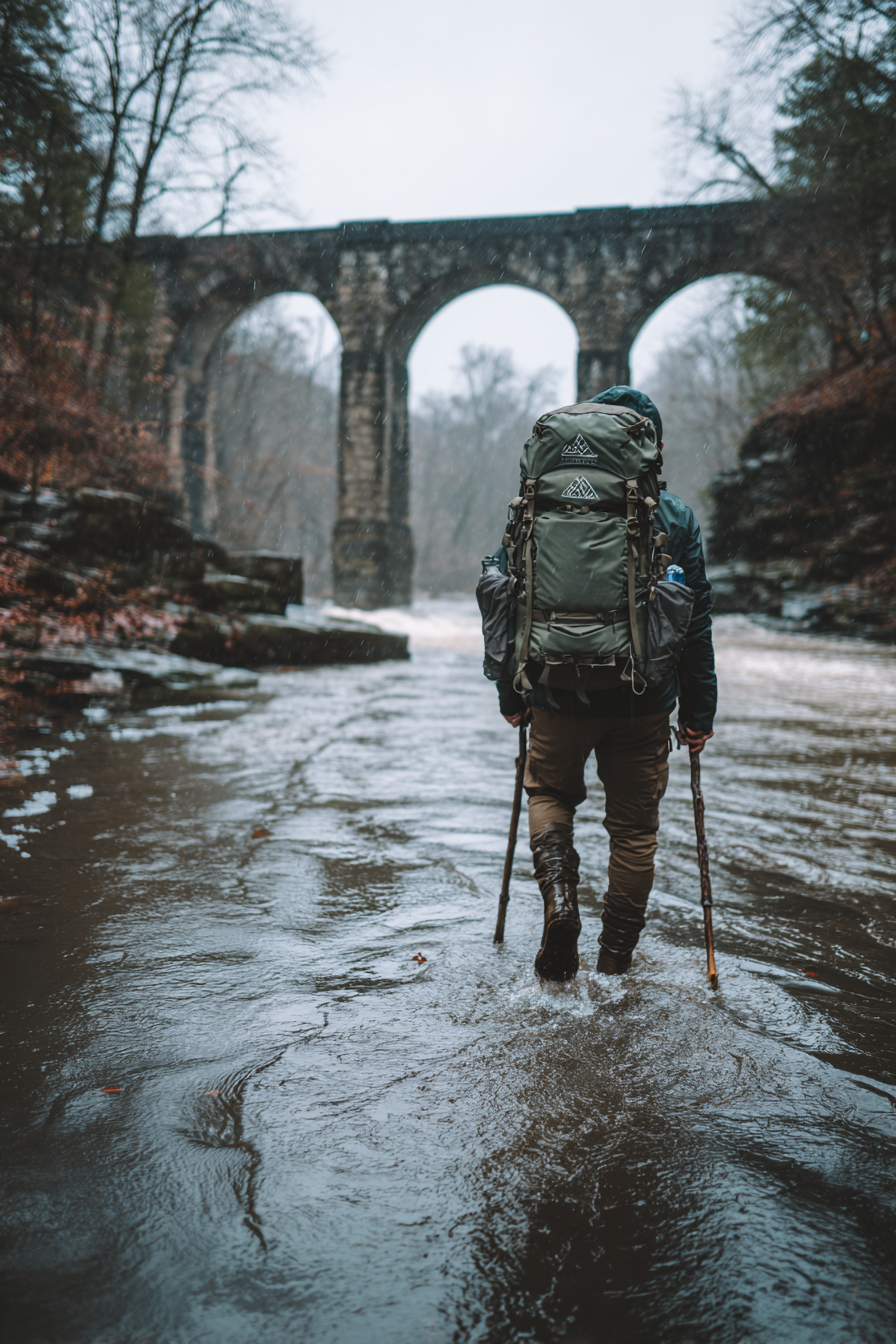 Person Mit Rucksack Über Brücke Im Fluss Bei Regnerischem Wetter | Reisen und Outdoor | Themen und Hobbys