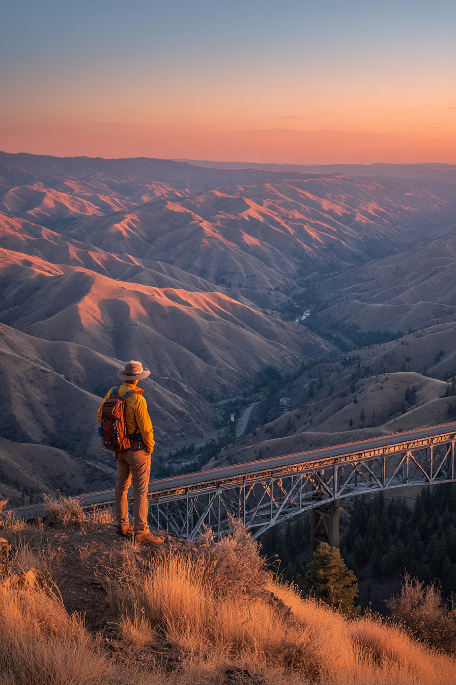 Rollende Hügel Mit Person In Gelber Jacke Am Und Geste Blickende Show Sonnenuntergang | Reisen und Outdoor | Themen und Hobbys