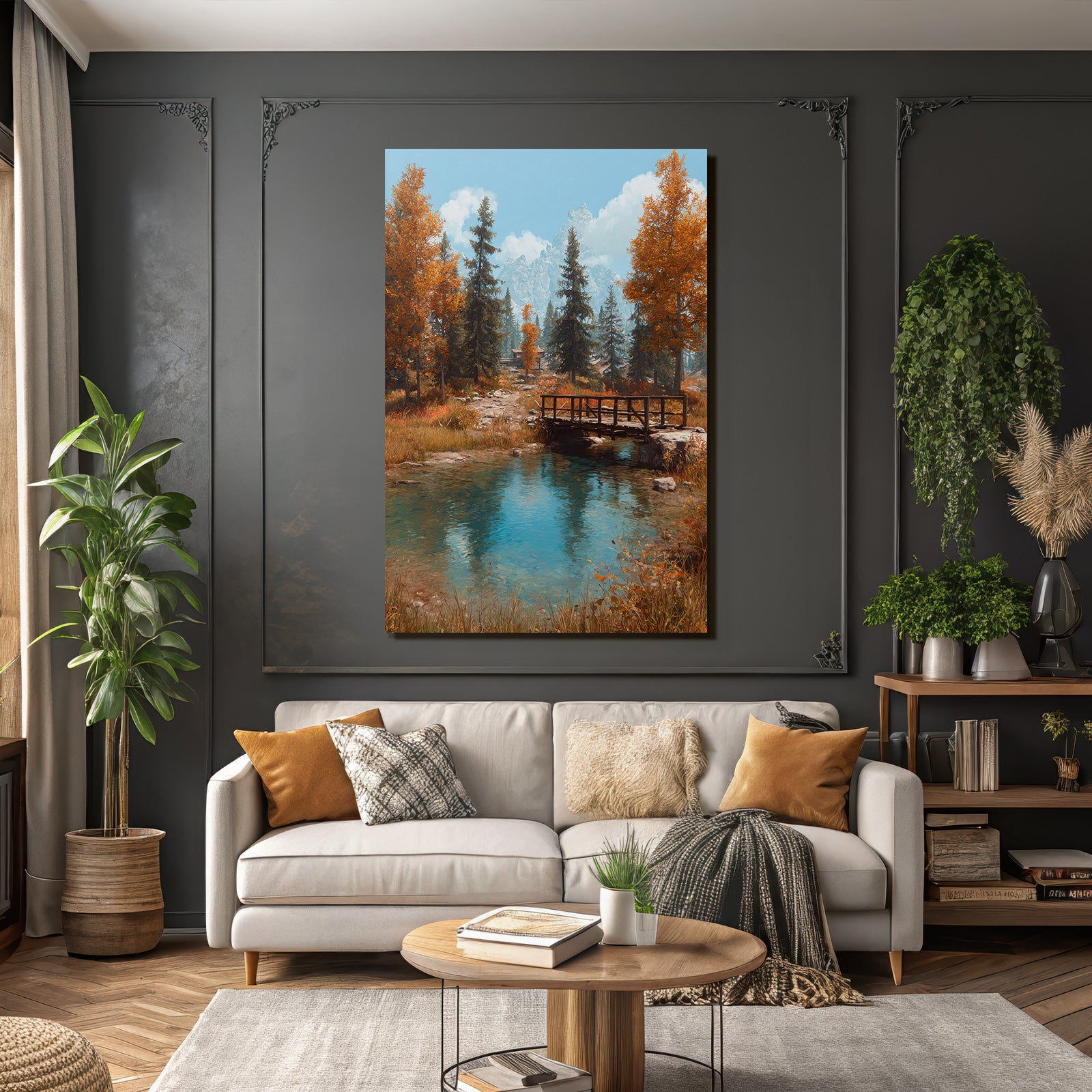 Ruhige Landschaft Holzbrücke Über Klarem See Im Herbst