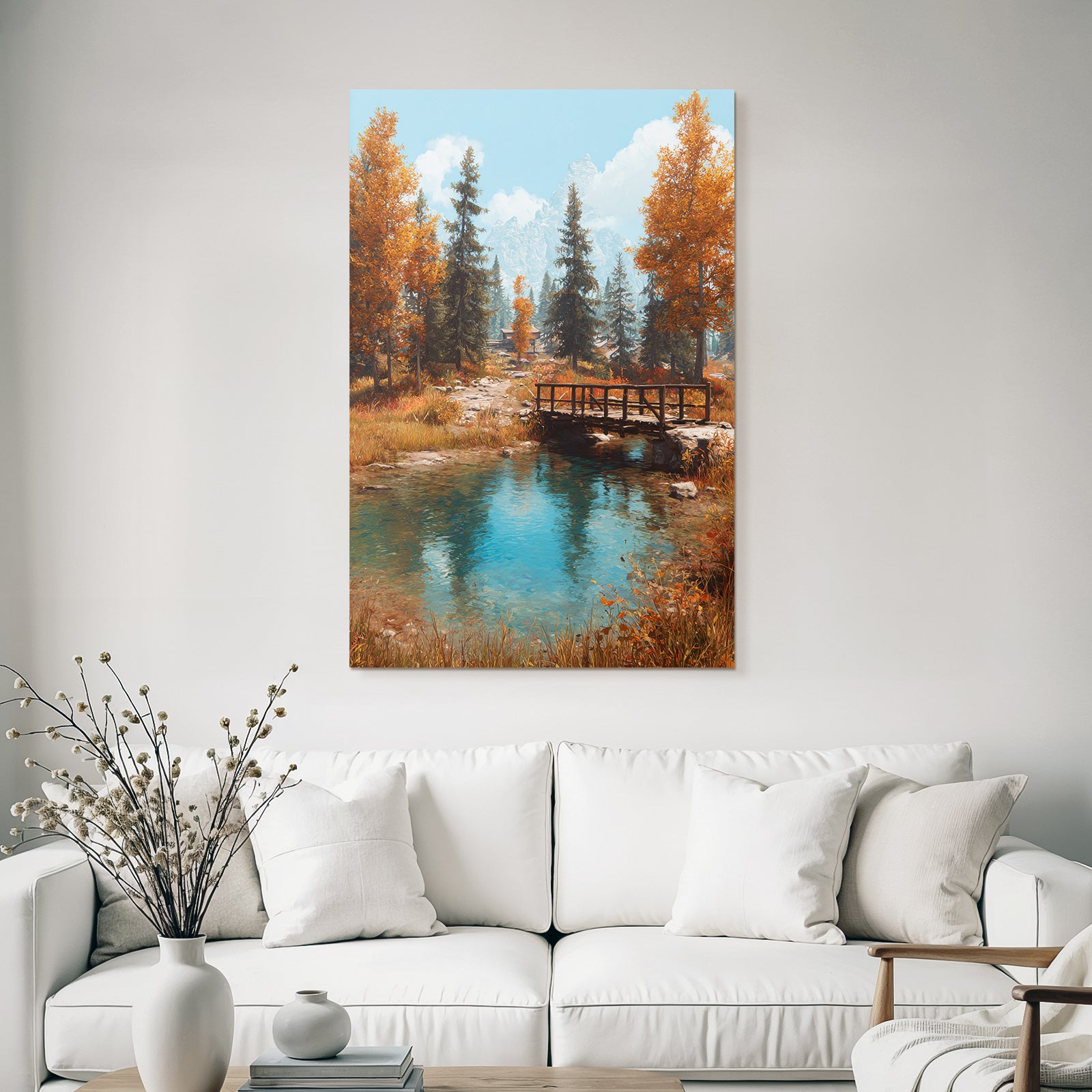Ruhige Landschaft Holzbrücke Über Klarem See Im Herbst