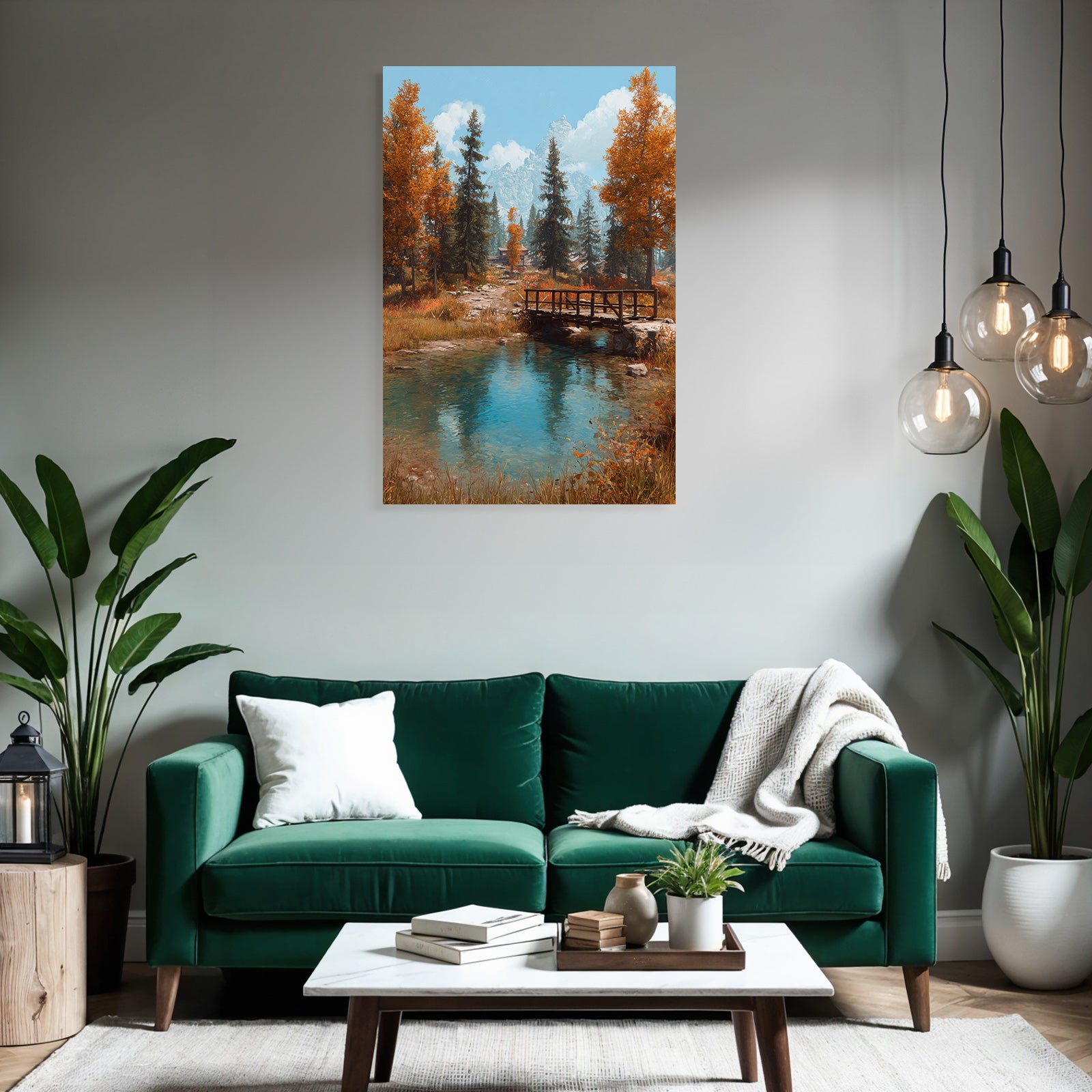 Ruhige Landschaft Holzbrücke Über Klarem See Im Herbst