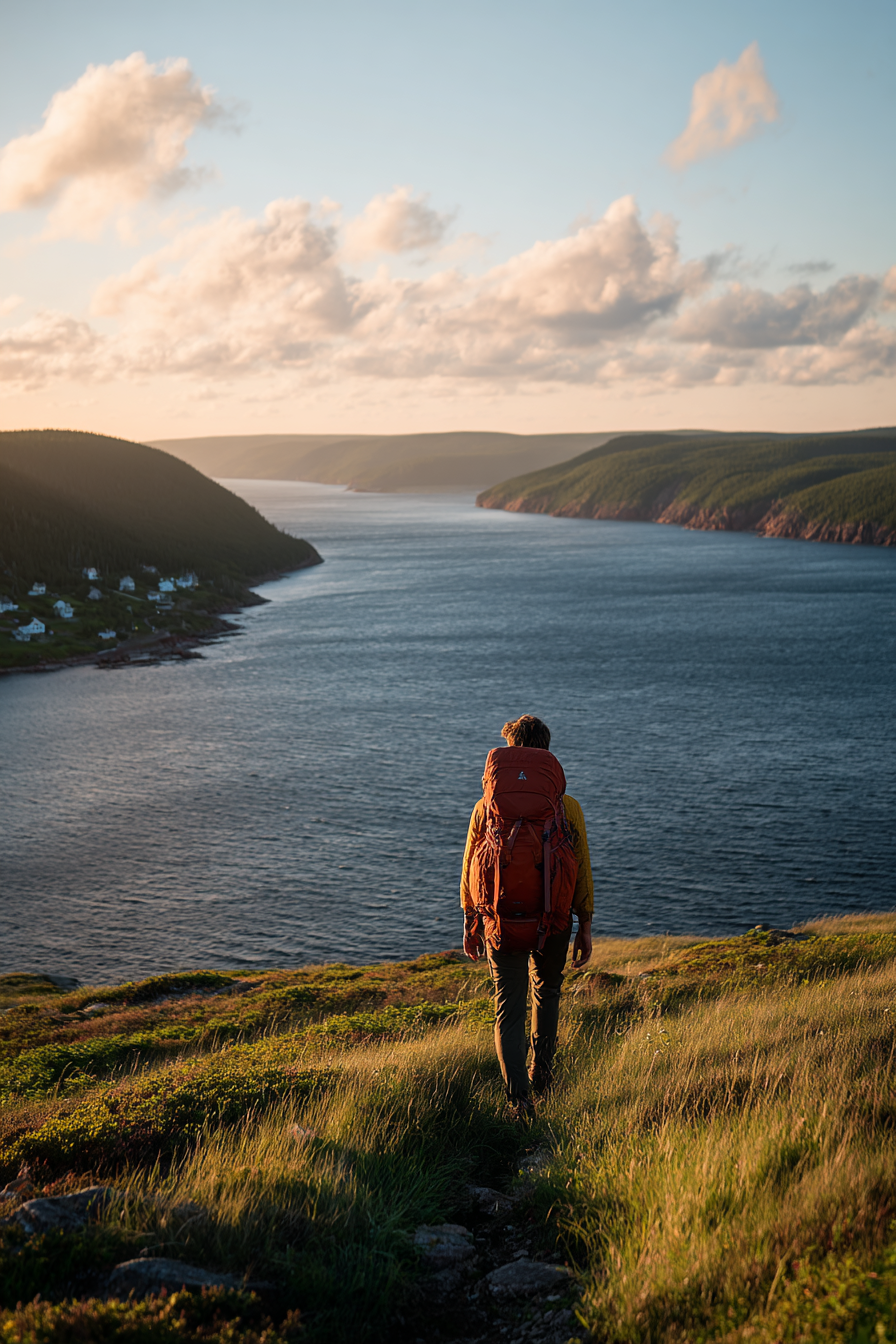 Wanderer Auf Hügel Mit Orangenem Rucksack Und Gelber Shirt Beim See Sonnenuntergang | Reisen und Outdoor | Themen und Hobbys