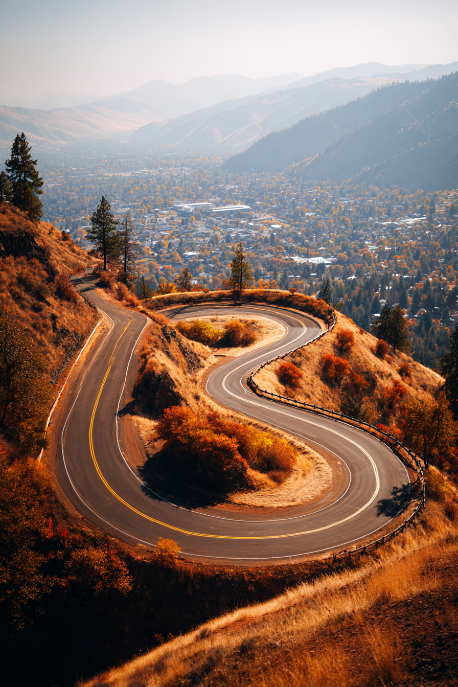 Windende Strasse Hügelige Landschaft Herbstliche Baeume Und Berge | Reisen und Outdoor | Themen und Hobbys
