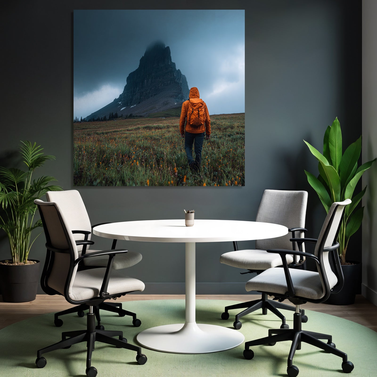 Abenteür Im Grünen Feld Mit Blumen Und Berg Im Hintergrund