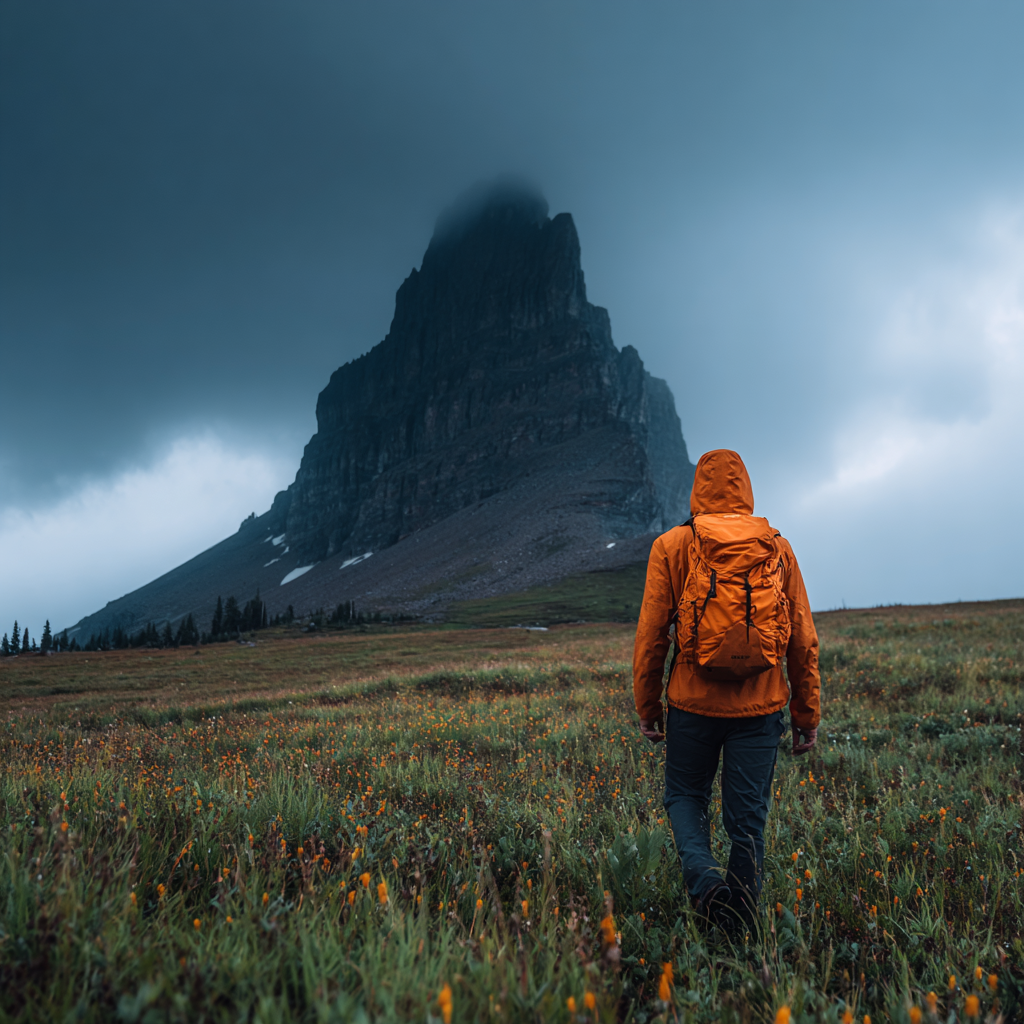 Abenteür Im Grünen Feld Mit Blumen Und Berg Im Hintergrund | Reisen und Outdoor | Themen und Hobbys