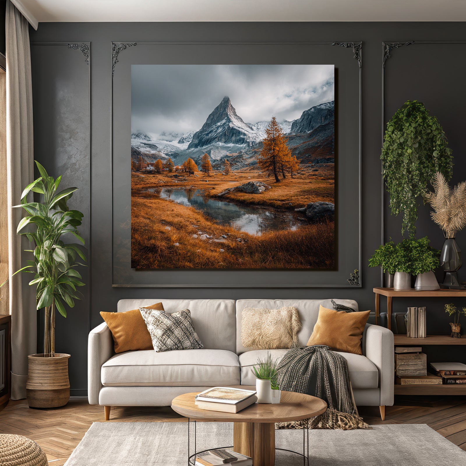 Atemberaubende Berglanschaft Mit Schneegekuppelten Gipfeln Und Goldenen Baeumen