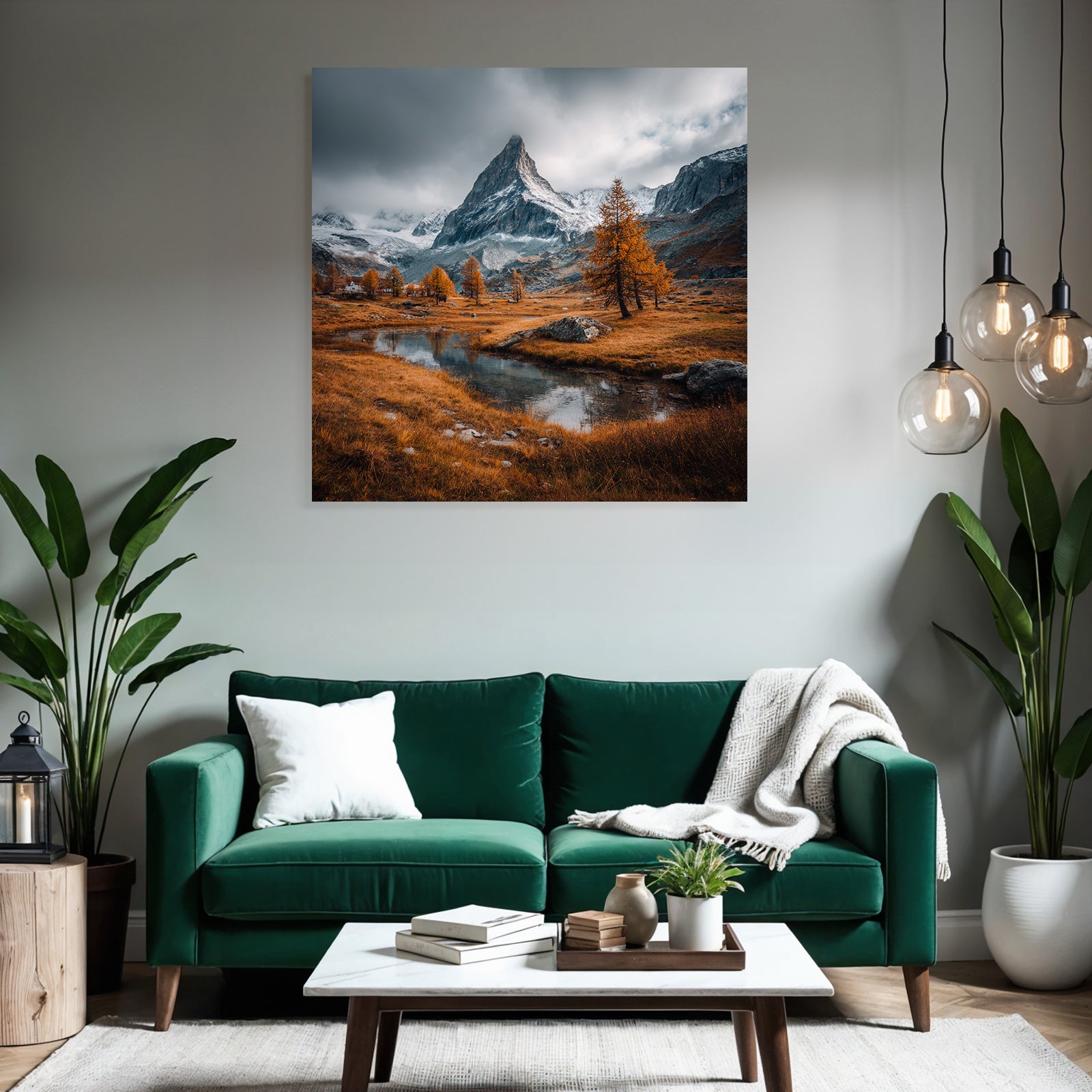 Atemberaubende Berglanschaft Mit Schneegekuppelten Gipfeln Und Goldenen Baeumen