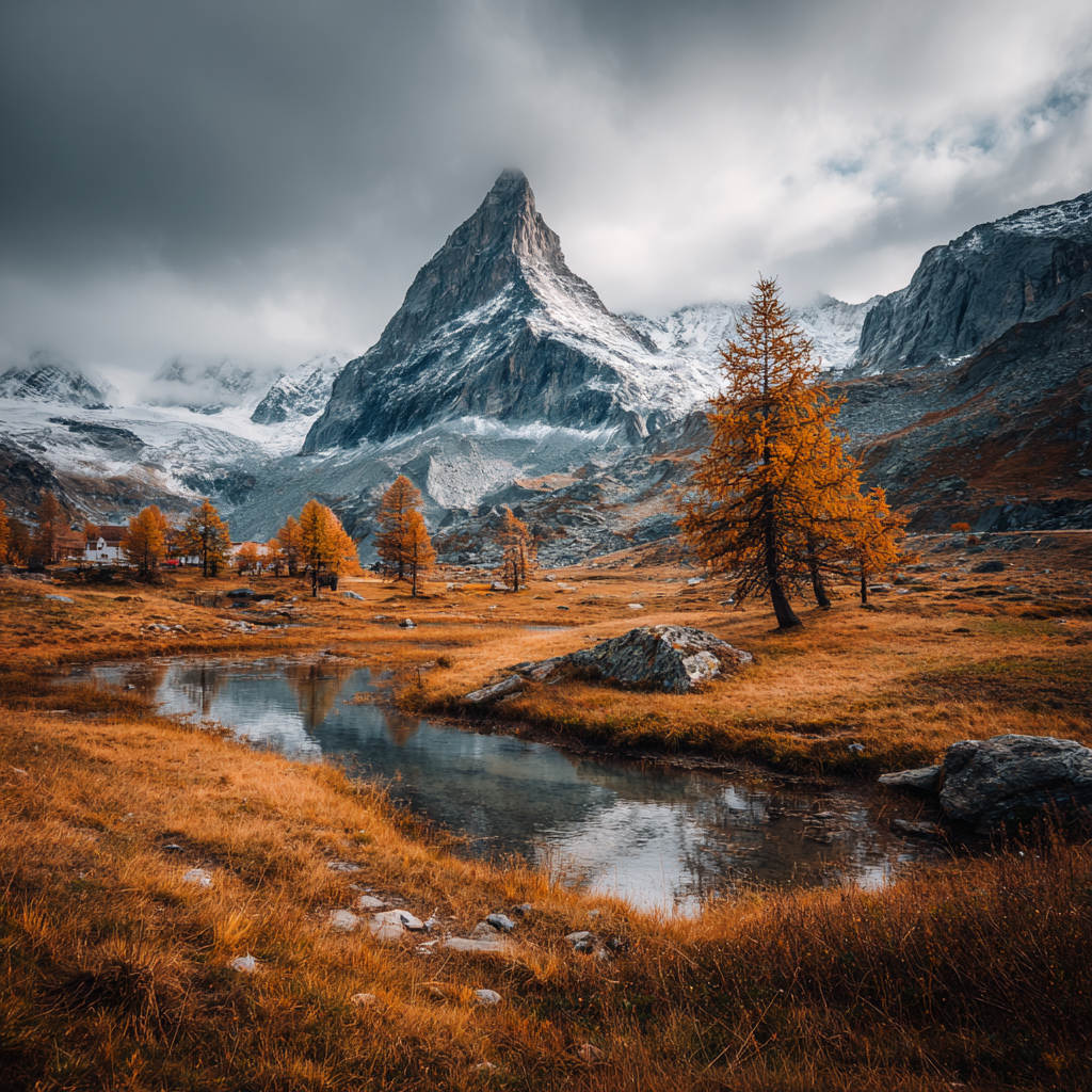 Atemberaubende Berglanschaft Mit Schneegekuppelten Gipfeln Und Goldenen Baeumen | Reisen und Outdoor | Themen und Hobbys