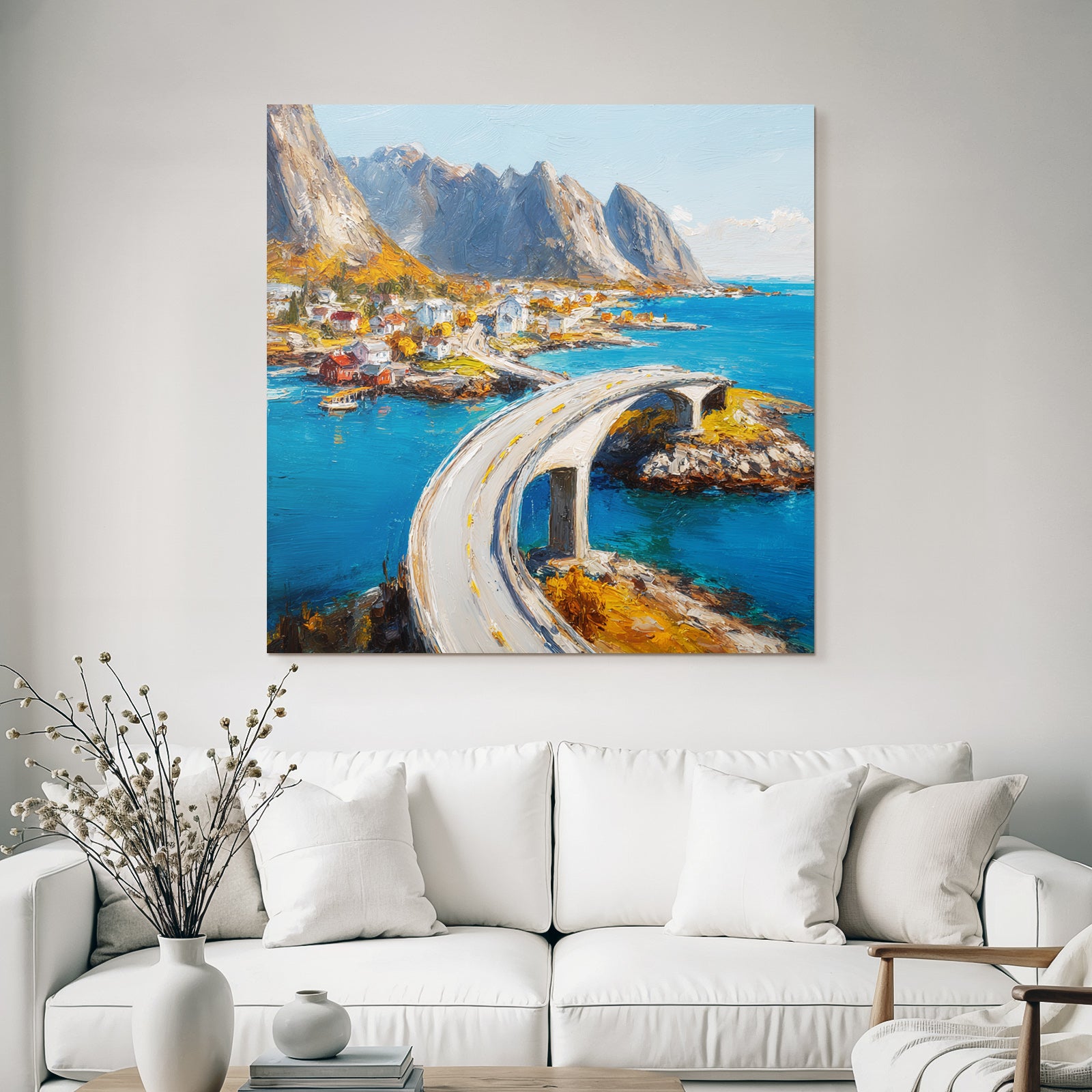 Kurvenbrücke Küstrale Landschaft Mit Traditionellen Haeusern