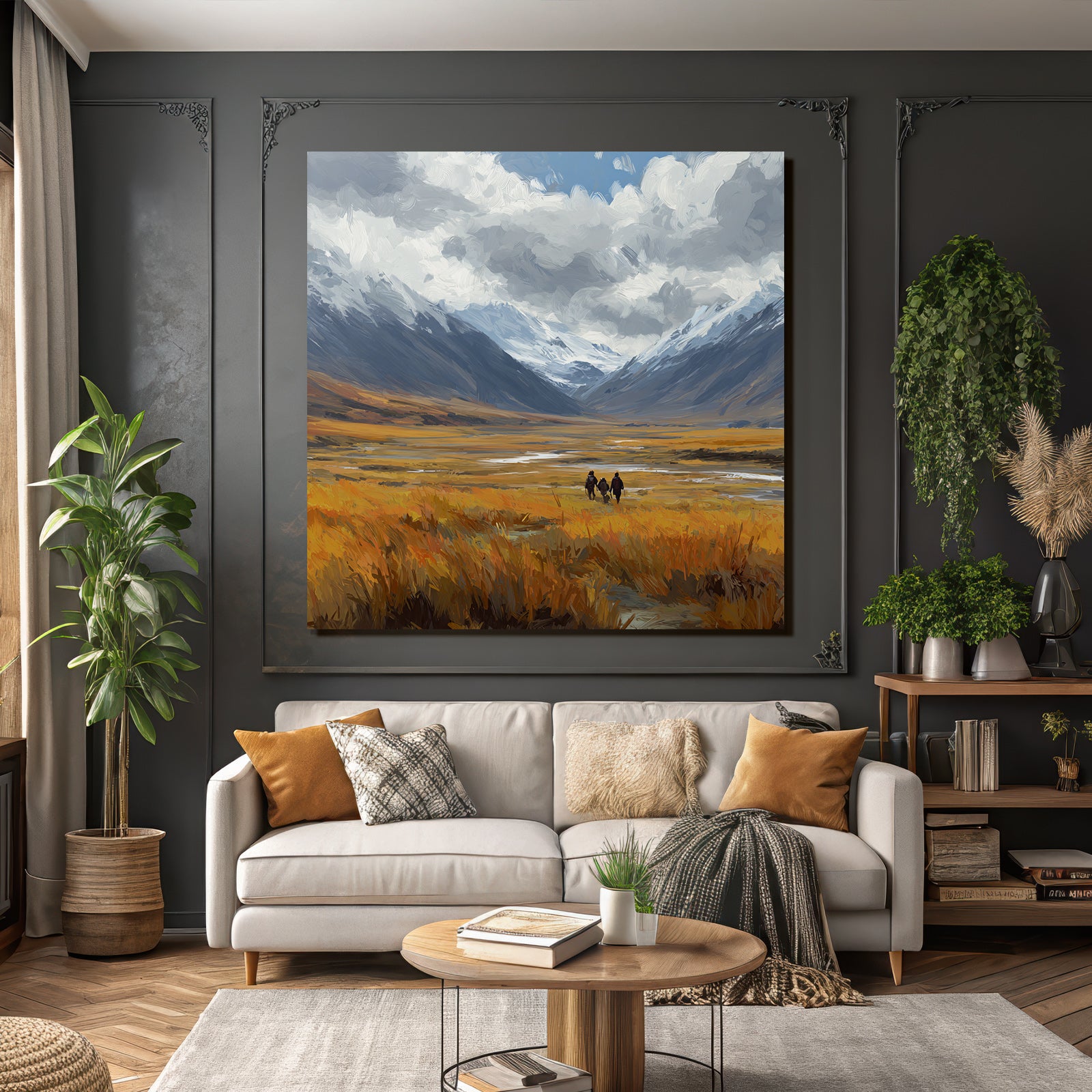 Landschaft Mit Feldern Und Bergen Mit Figuren