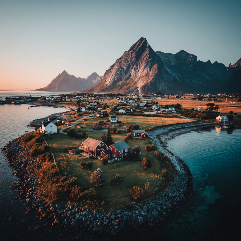 Malerische Landschaft Berge See Haeuser Sonnenaufgang Ssz | Reisen und Outdoor | Themen und Hobbys