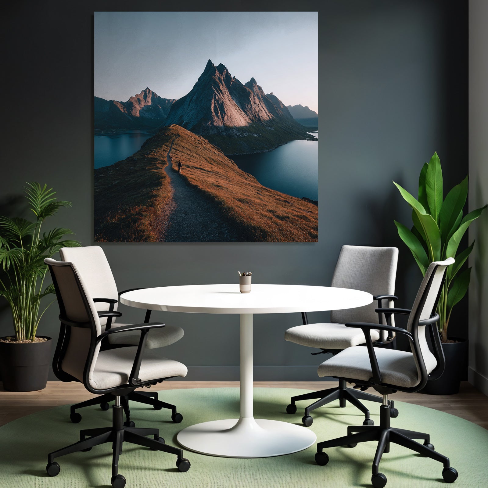 Rugged Mountains With Hiking Trails And Body Of Water Dawn Or Dusk