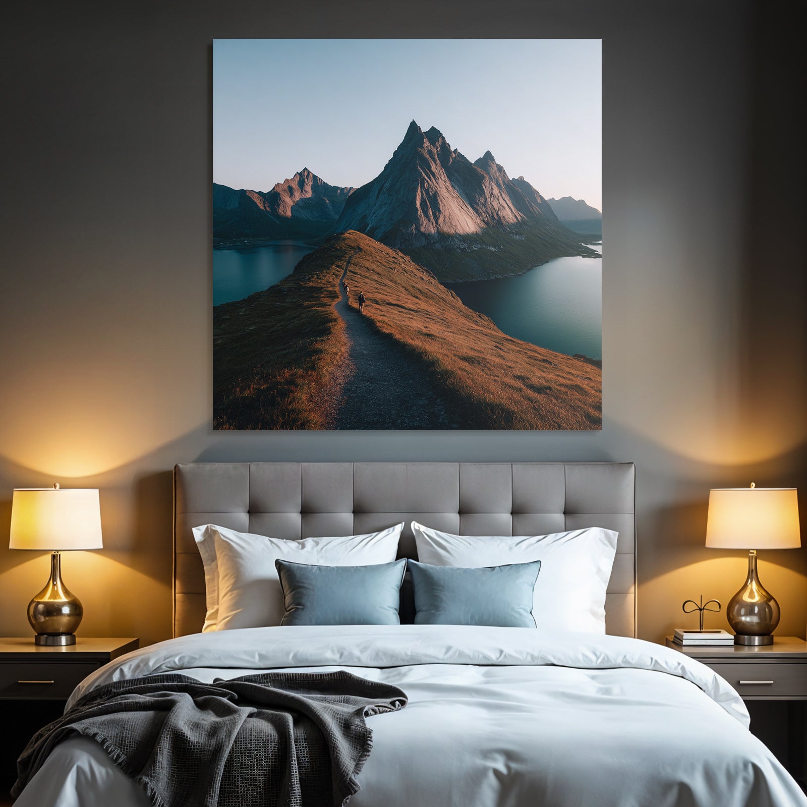 Rugged Mountains With Hiking Trails And Body Of Water Dawn Or Dusk