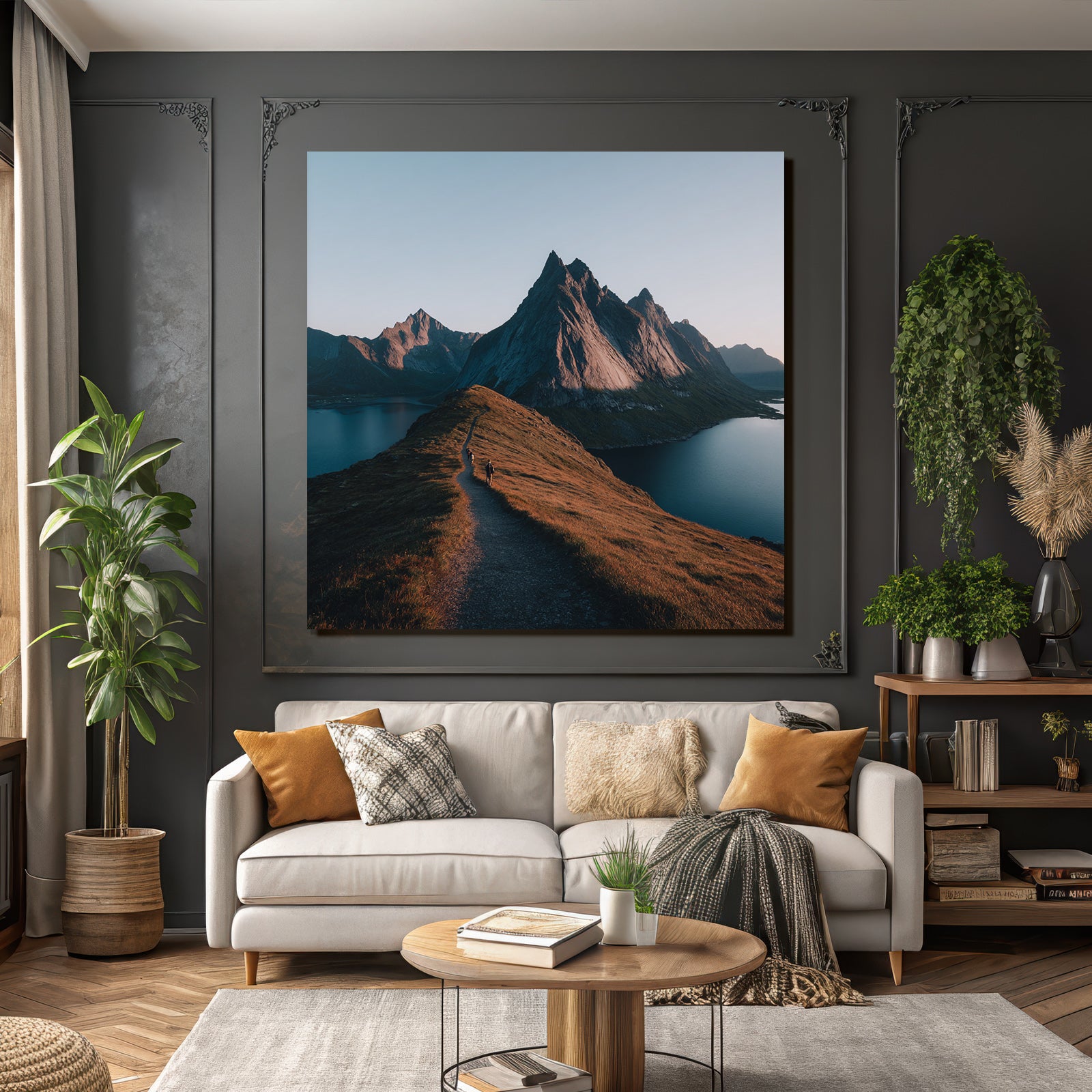 Rugged Mountains With Hiking Trails And Body Of Water Dawn Or Dusk
