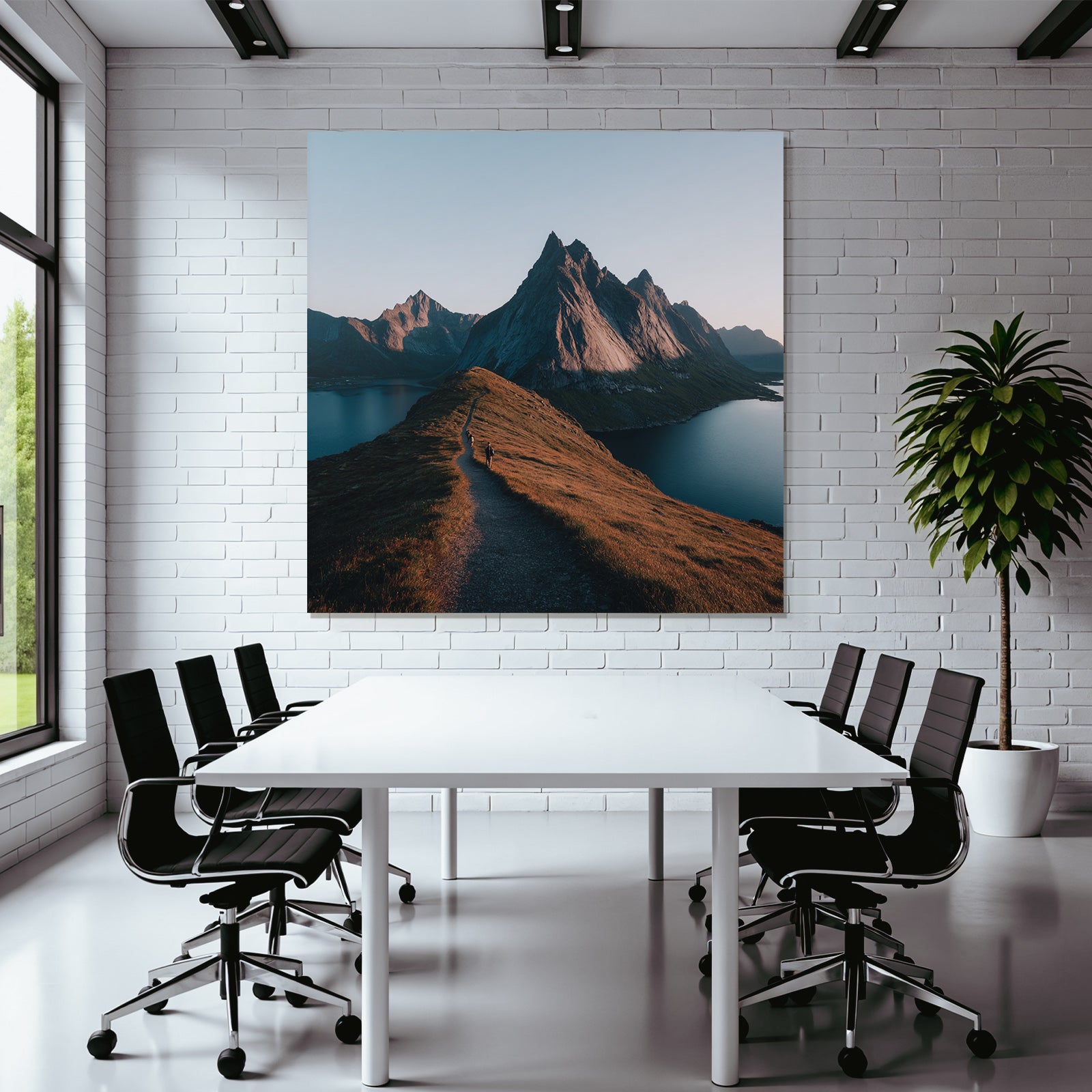 Rugged Mountains With Hiking Trails And Body Of Water Dawn Or Dusk