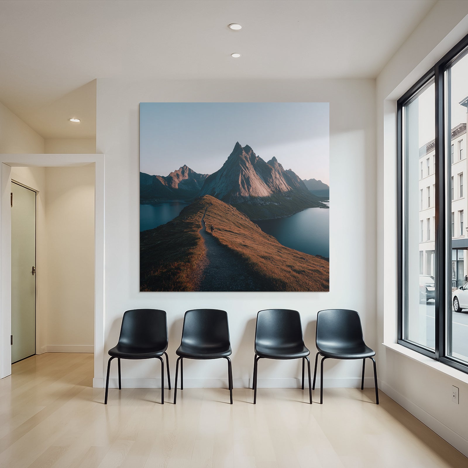 Rugged Mountains With Hiking Trails And Body Of Water Dawn Or Dusk