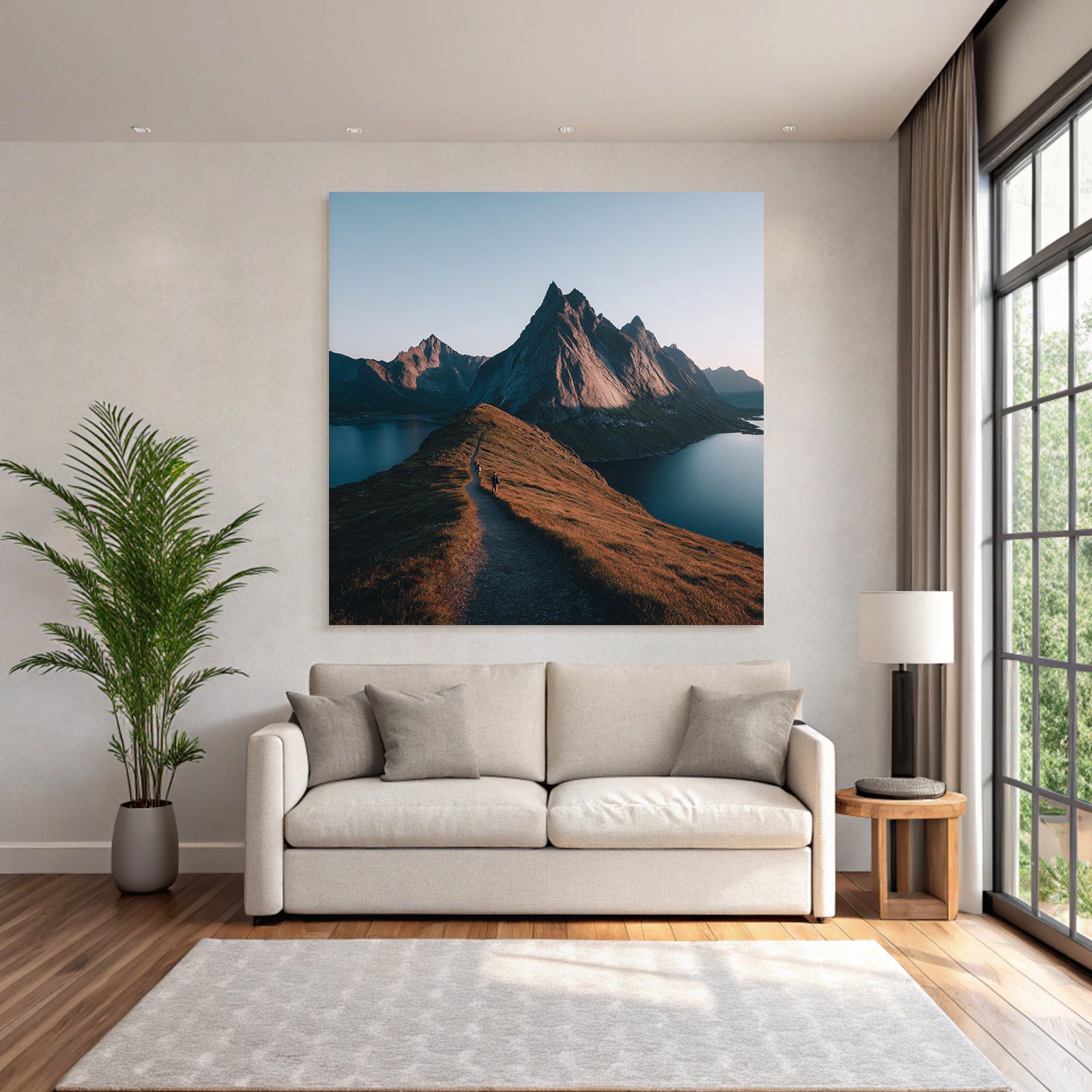 Rugged Mountains With Hiking Trails And Body Of Water Dawn Or Dusk