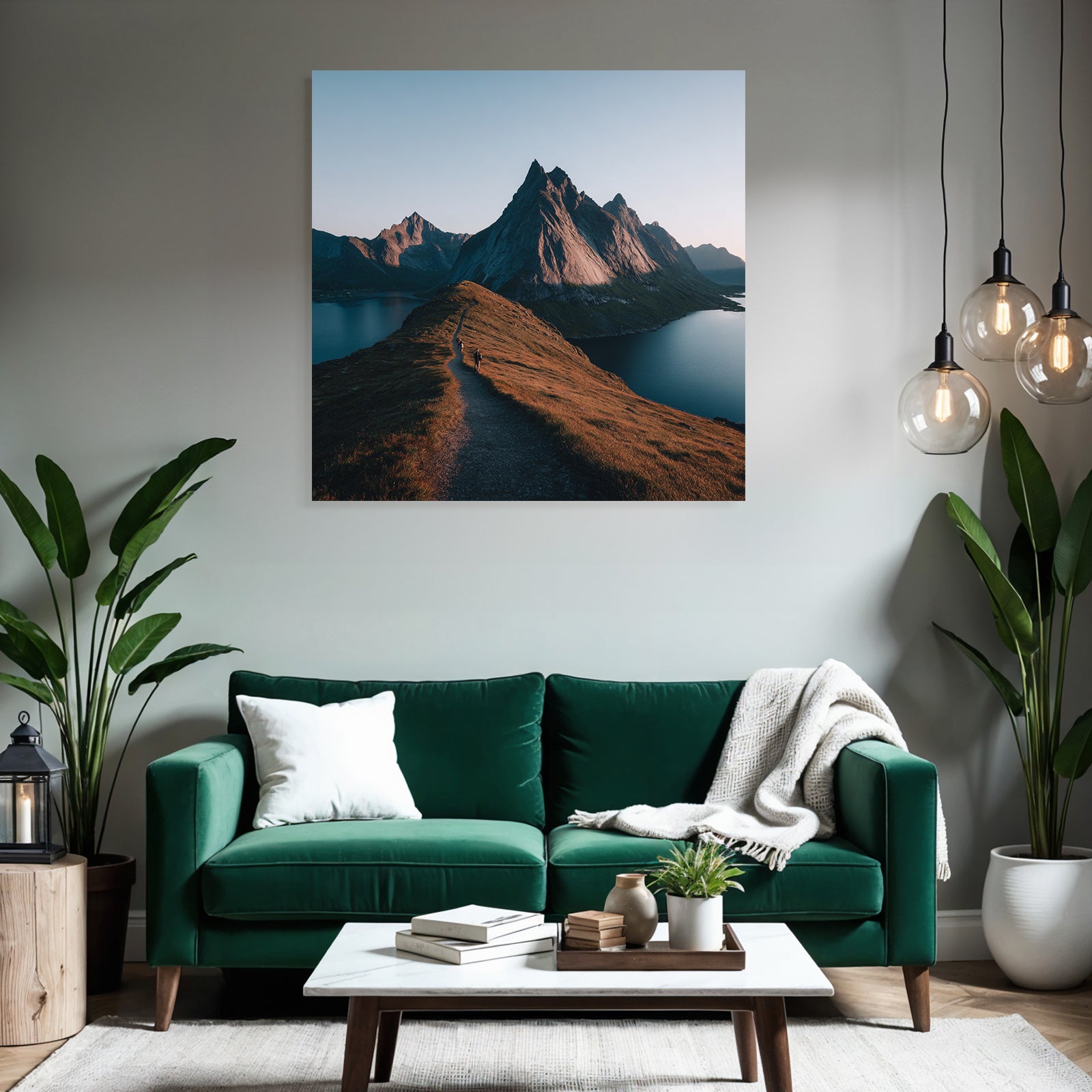 Rugged Mountains With Hiking Trails And Body Of Water Dawn Or Dusk