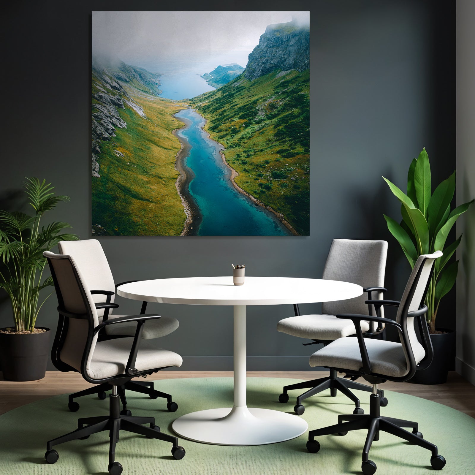 Wunderschöne Landschaft Mit Fluss Grünen Hügeln Und Mistiger Atmosphäre