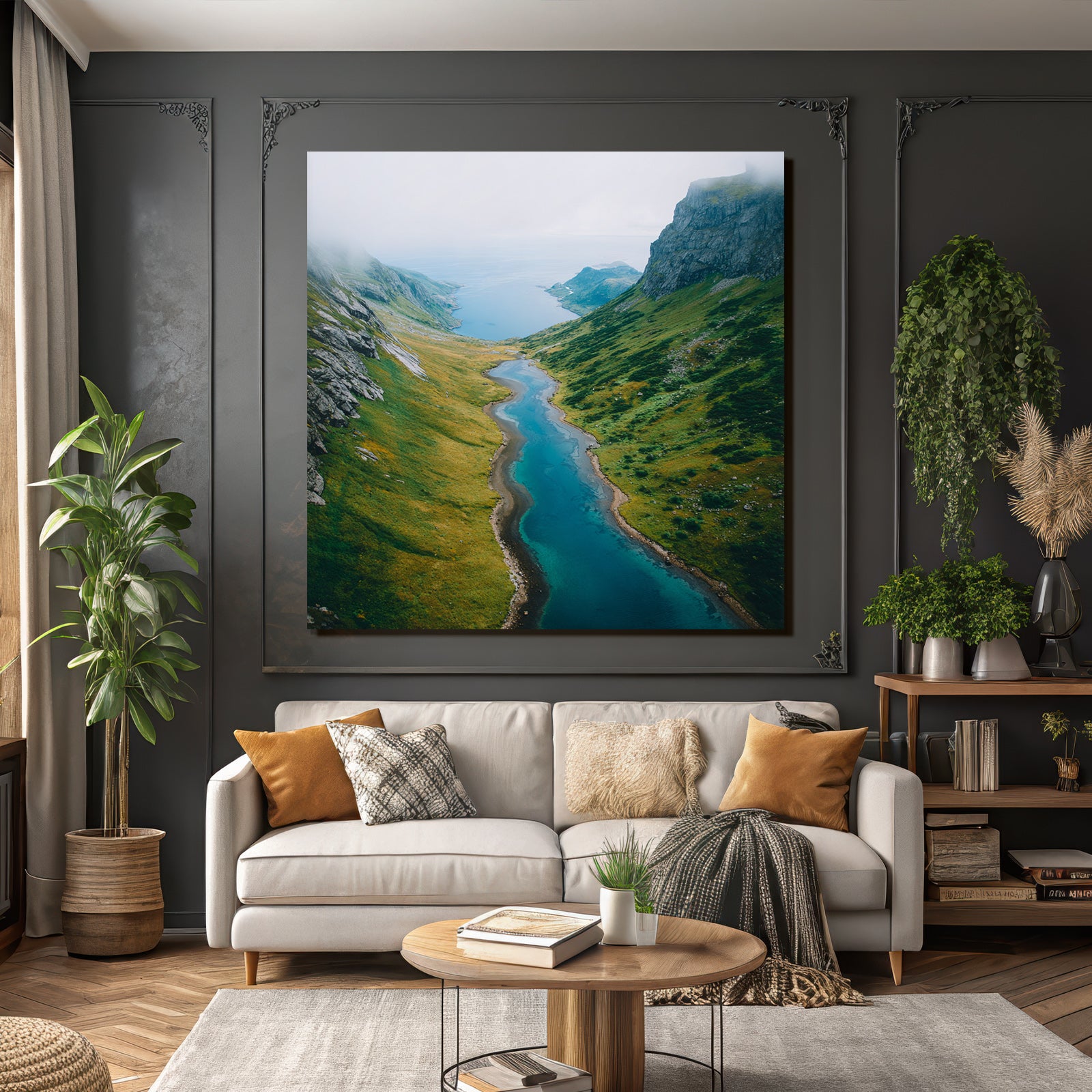 Wunderschöne Landschaft Mit Fluss Grünen Hügeln Und Mistiger Atmosphäre