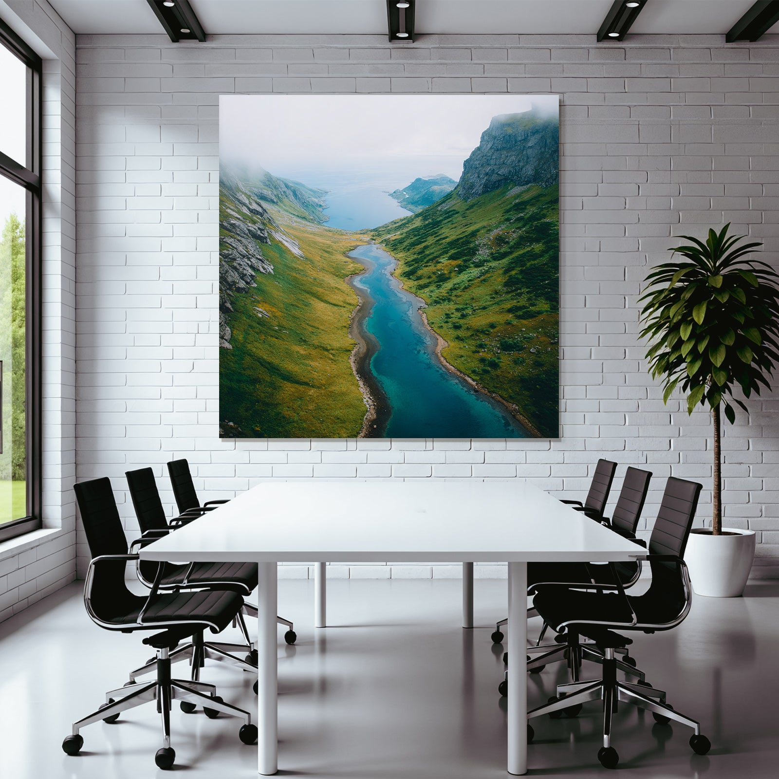 Wunderschöne Landschaft Mit Fluss Grünen Hügeln Und Mistiger Atmosphäre