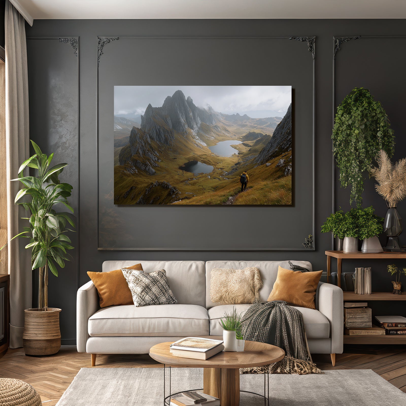 Bergebene Landschaft Mit See Und Wanderer