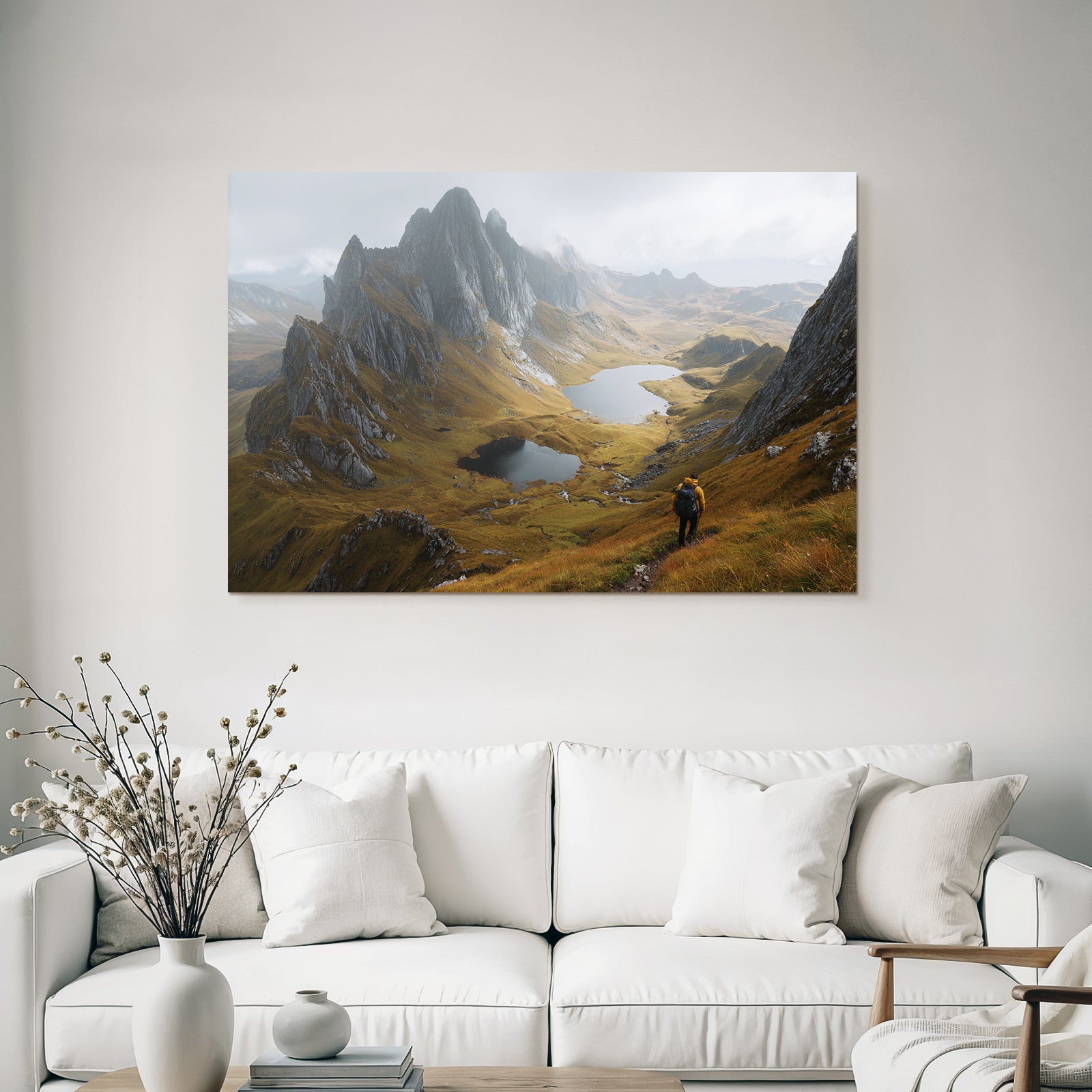 Bergebene Landschaft Mit See Und Wanderer