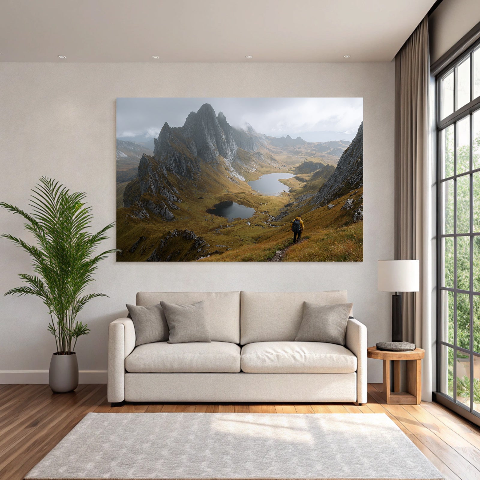 Bergebene Landschaft Mit See Und Wanderer