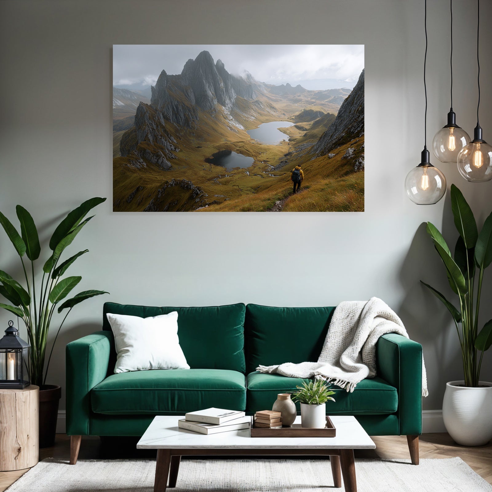 Bergebene Landschaft Mit See Und Wanderer