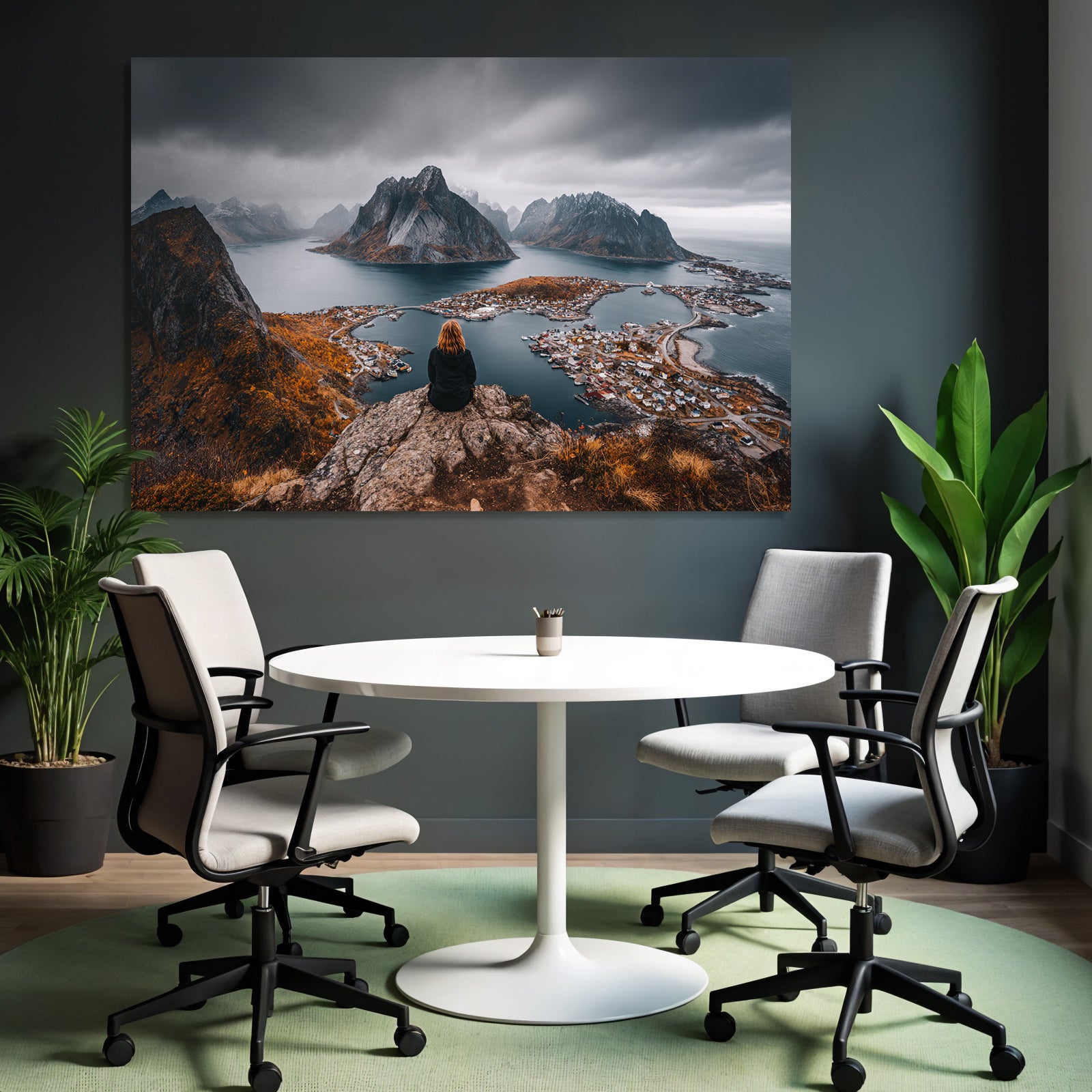Fjordlandschaft Mit Person Auf Felsen Umgebung Mit Herbst Belaubung