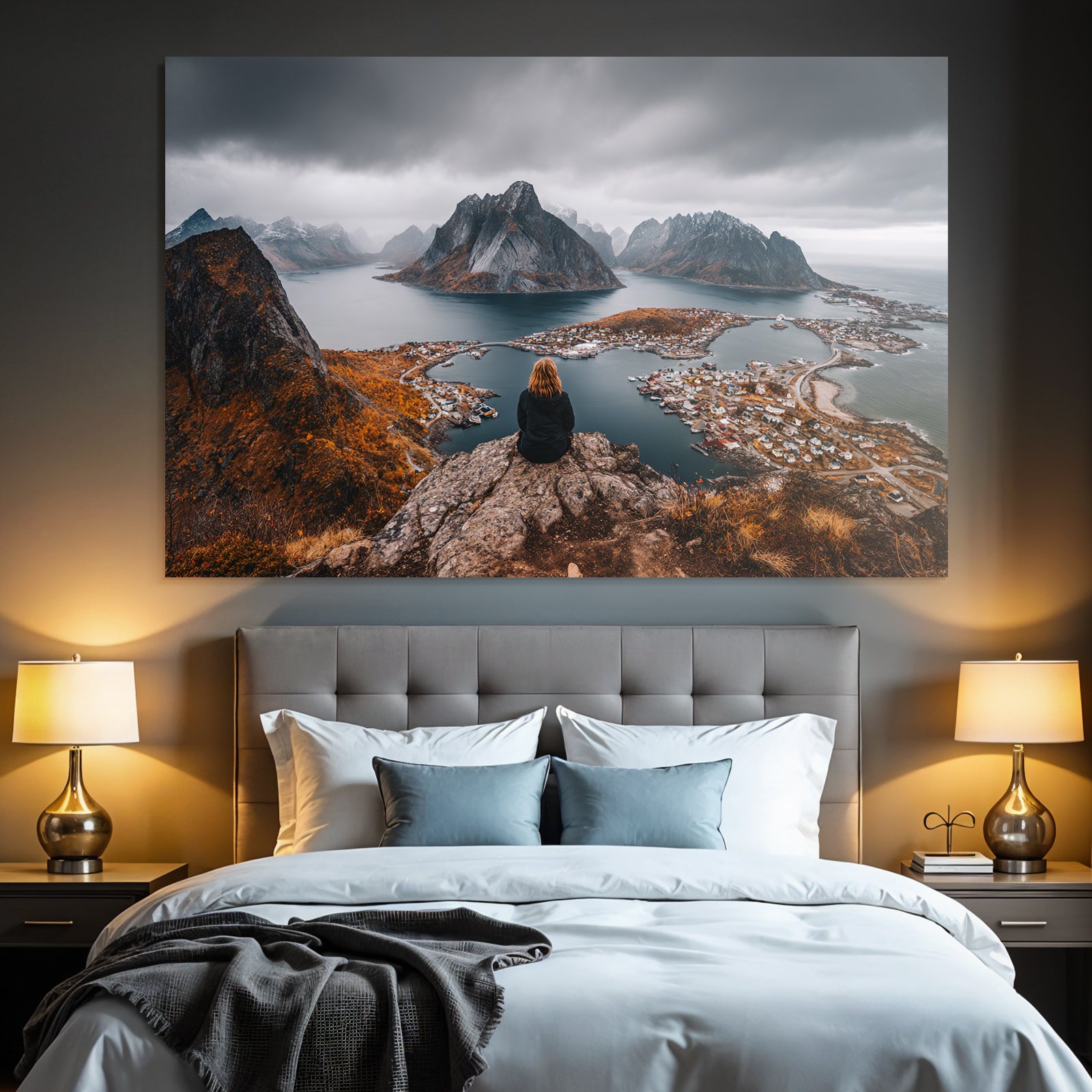 Fjordlandschaft Mit Person Auf Felsen Umgebung Mit Herbst Belaubung
