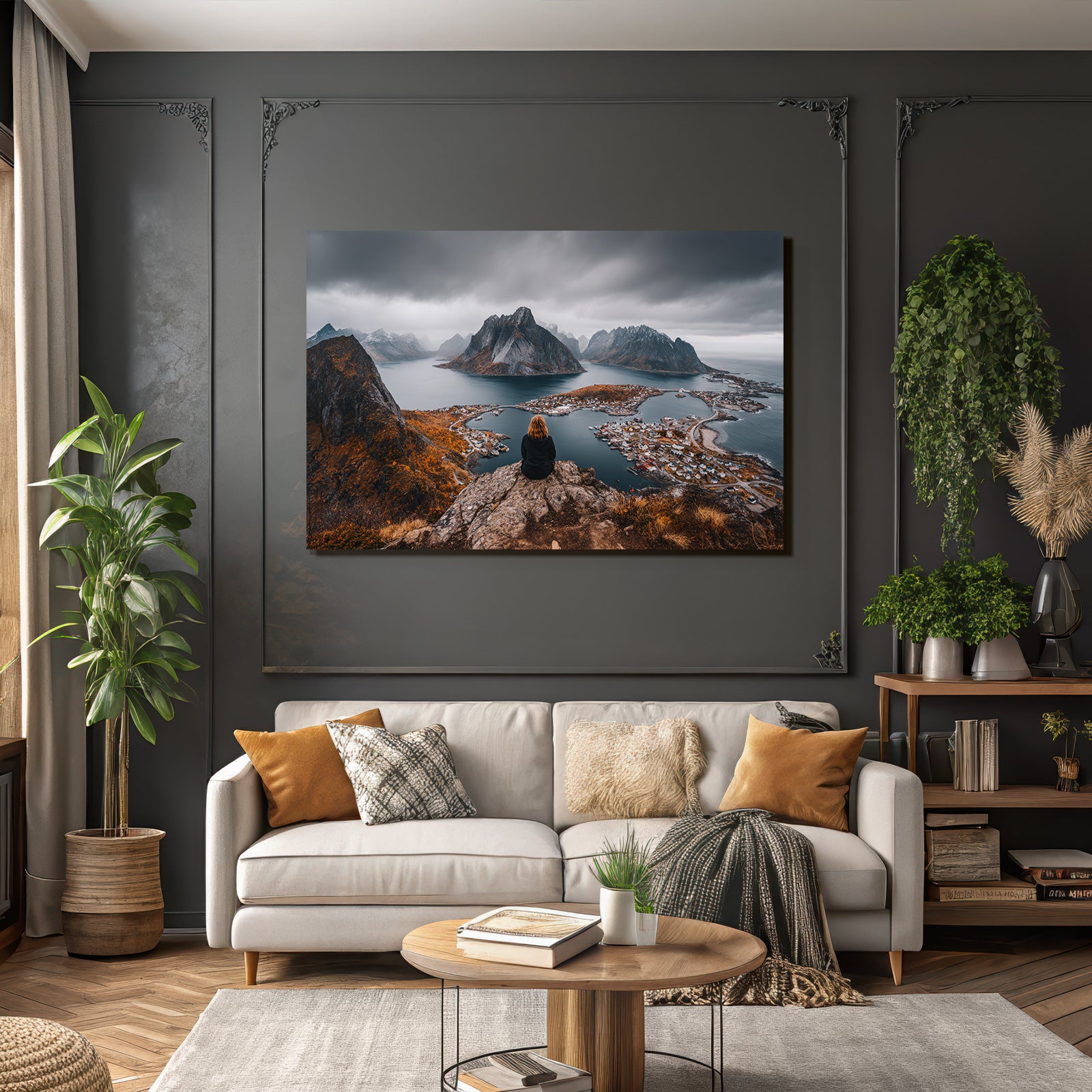 Fjordlandschaft Mit Person Auf Felsen Umgebung Mit Herbst Belaubung
