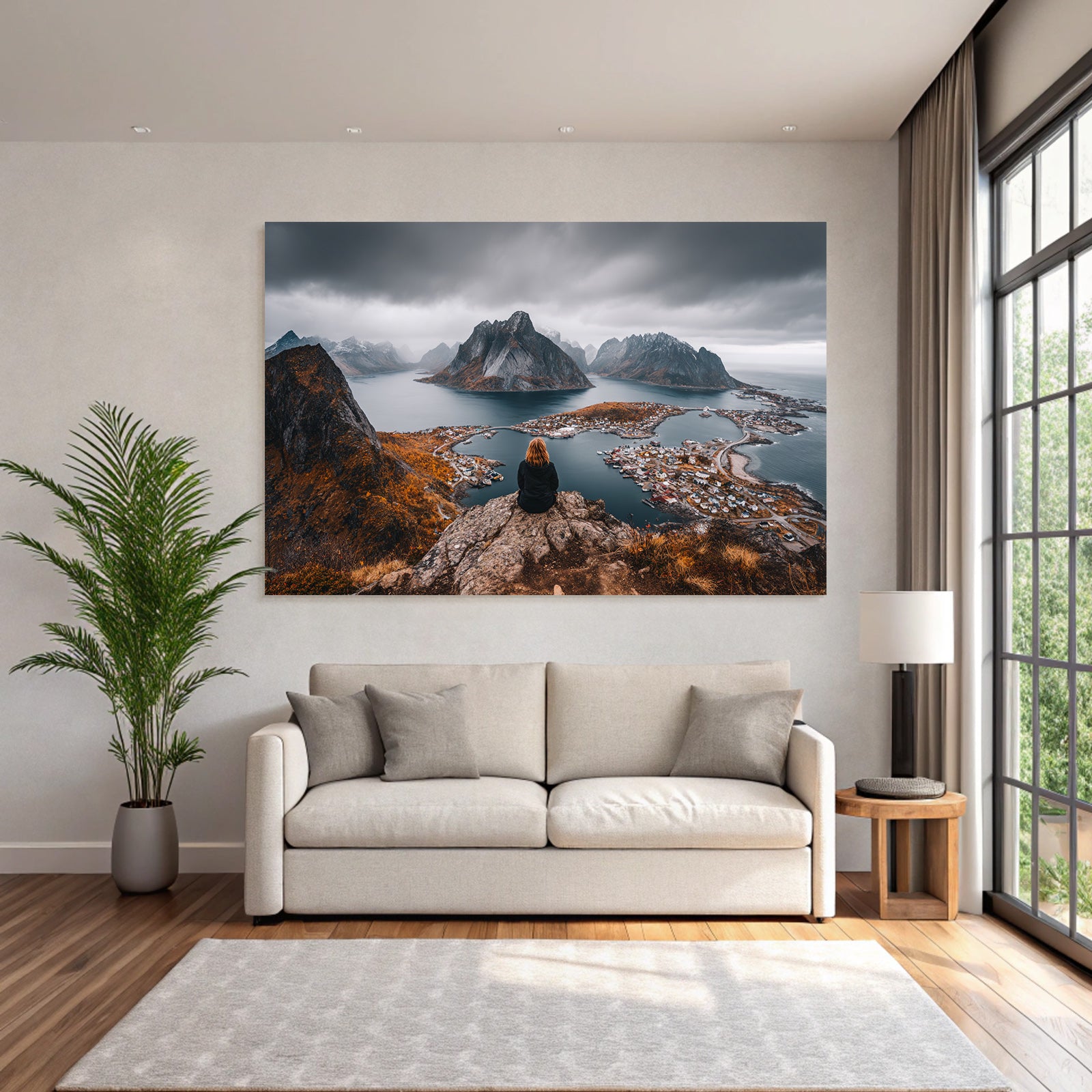 Fjordlandschaft Mit Person Auf Felsen Umgebung Mit Herbst Belaubung