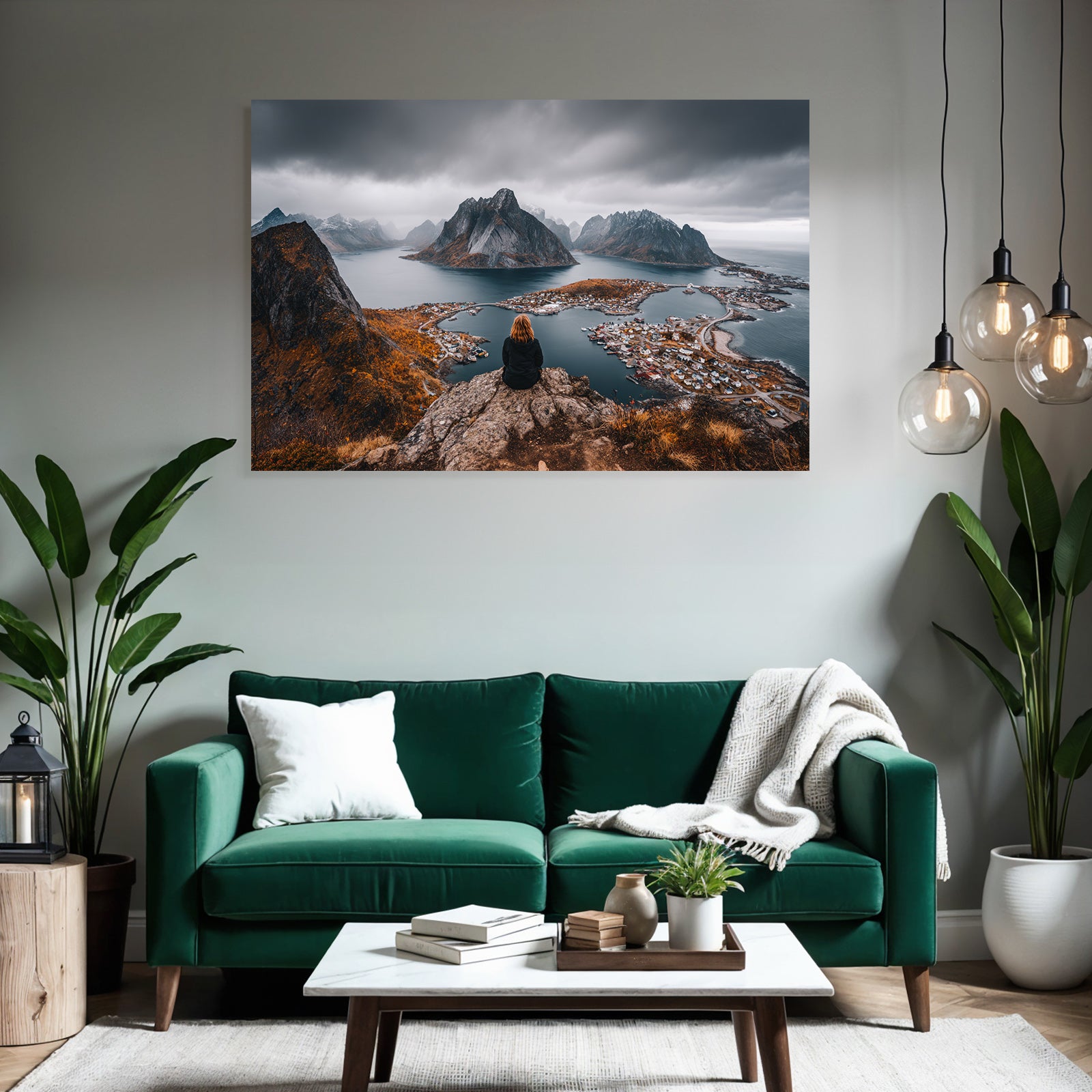 Fjordlandschaft Mit Person Auf Felsen Umgebung Mit Herbst Belaubung