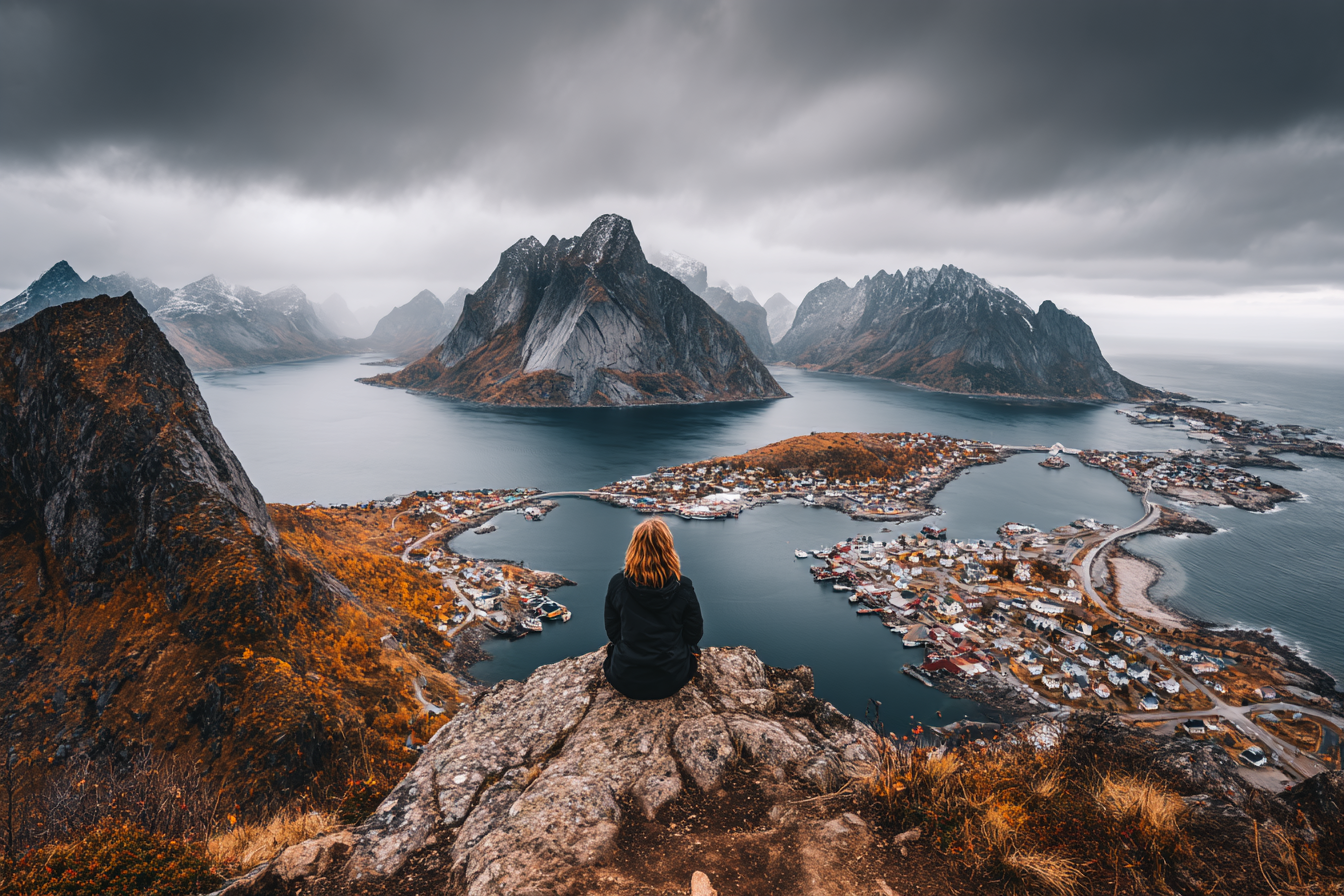 Fjordlandschaft Mit Person Auf Felsen Umgebung Mit Herbst Belaubung | Reisen und Outdoor | Themen und Hobbys