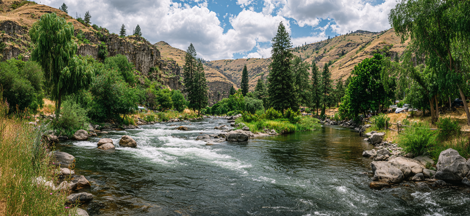 Friedliche Landschaft Mit Fluss Und Bergen | Reisen und Outdoor | Themen und Hobbys