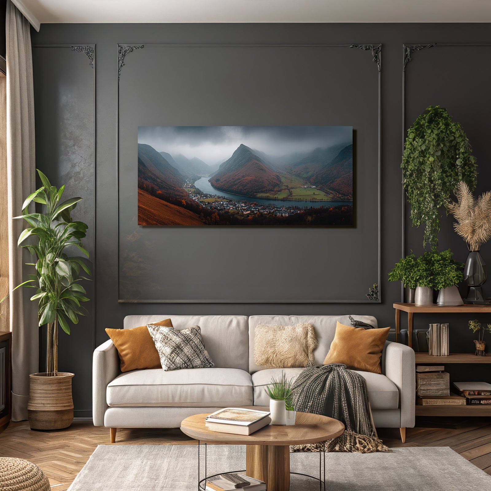 Herbstliche Landschaft Mit Fluss Und Bergen Mit Nebel