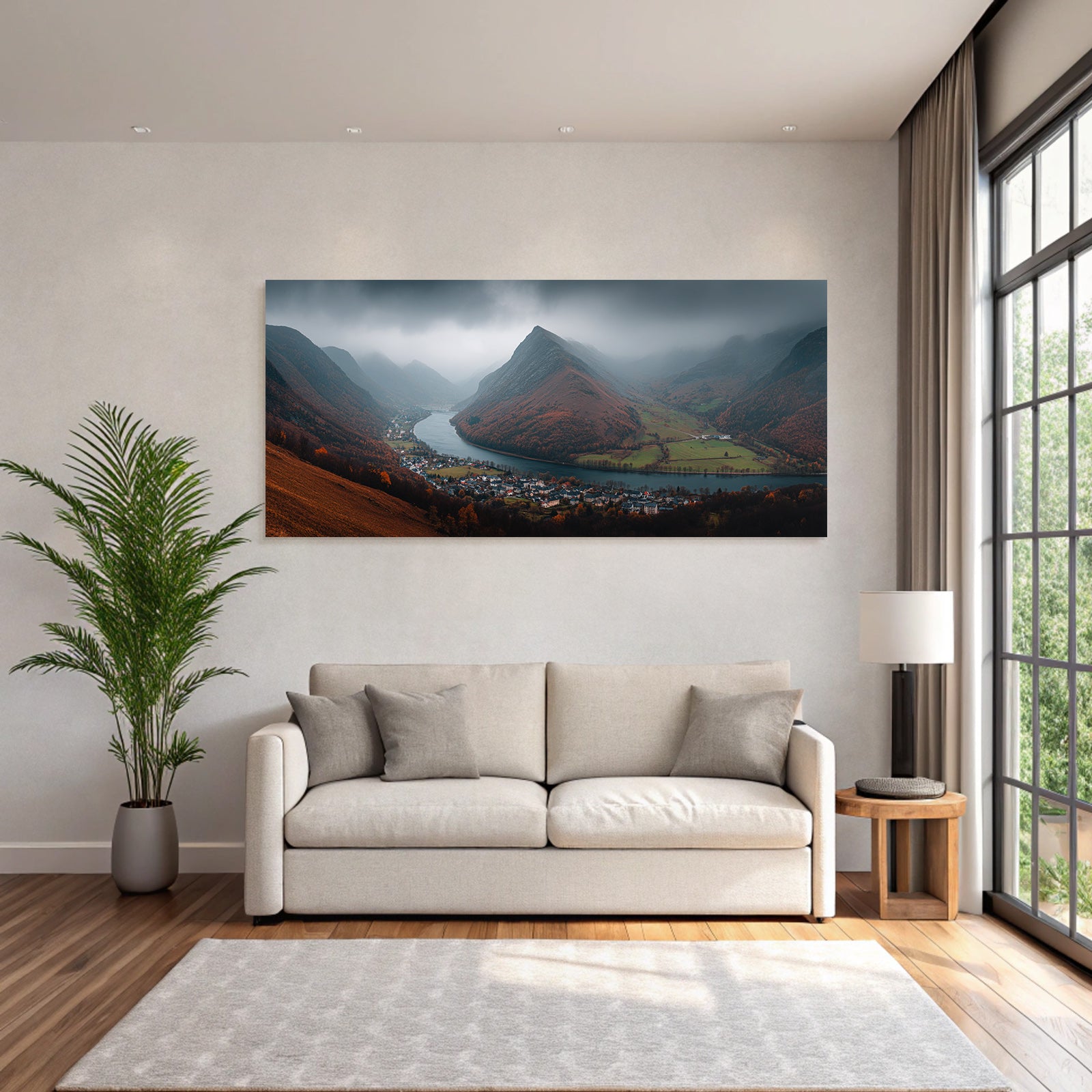 Herbstliche Landschaft Mit Fluss Und Bergen Mit Nebel
