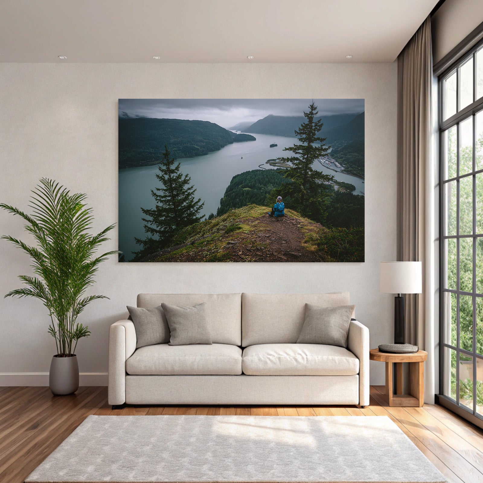 Hohe Aussicht Über Fluss Umgeben Von Grünen Höhen Und Wald