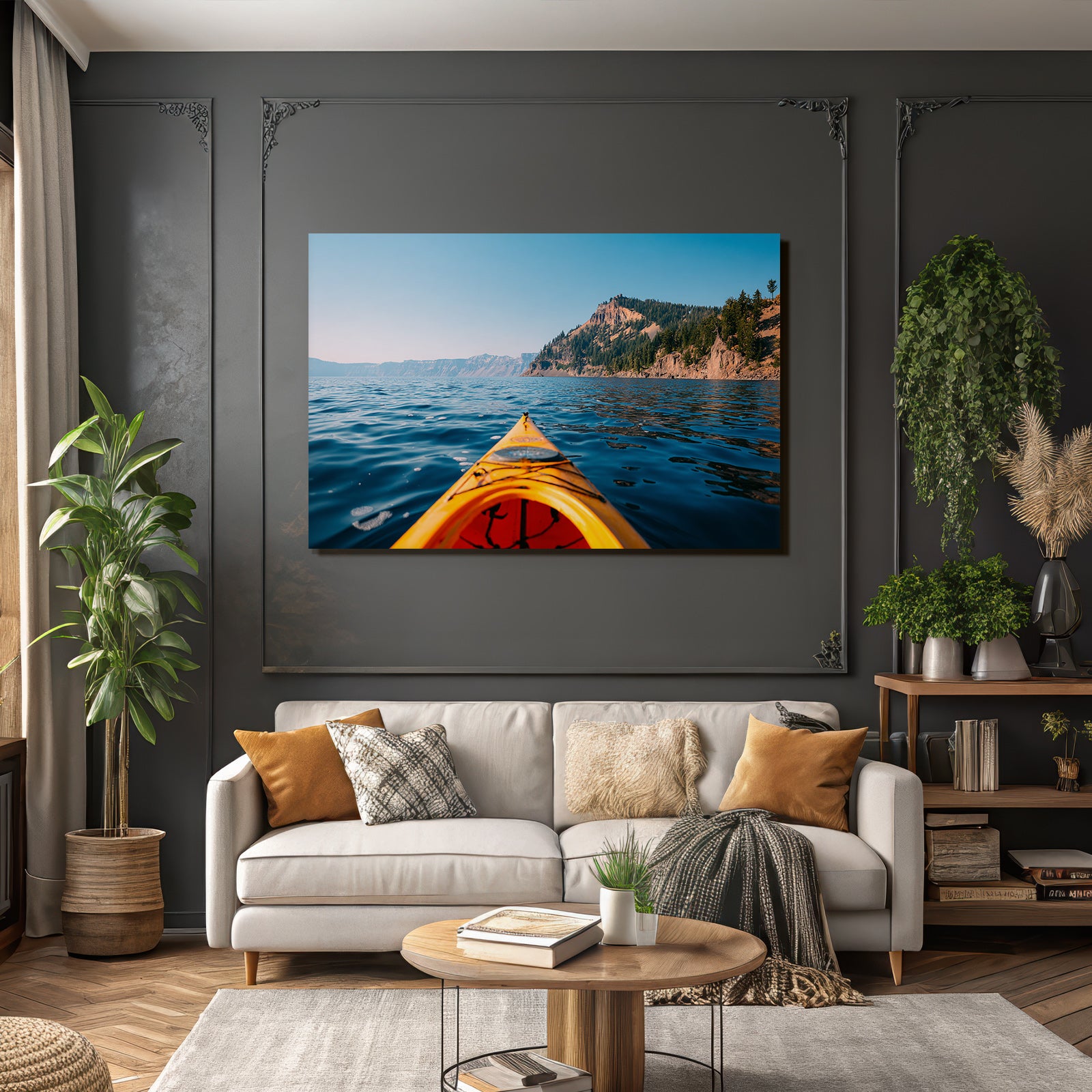 Kayak Auf See Mit Klippen Und Baeumen Unter Blaüm Himmel