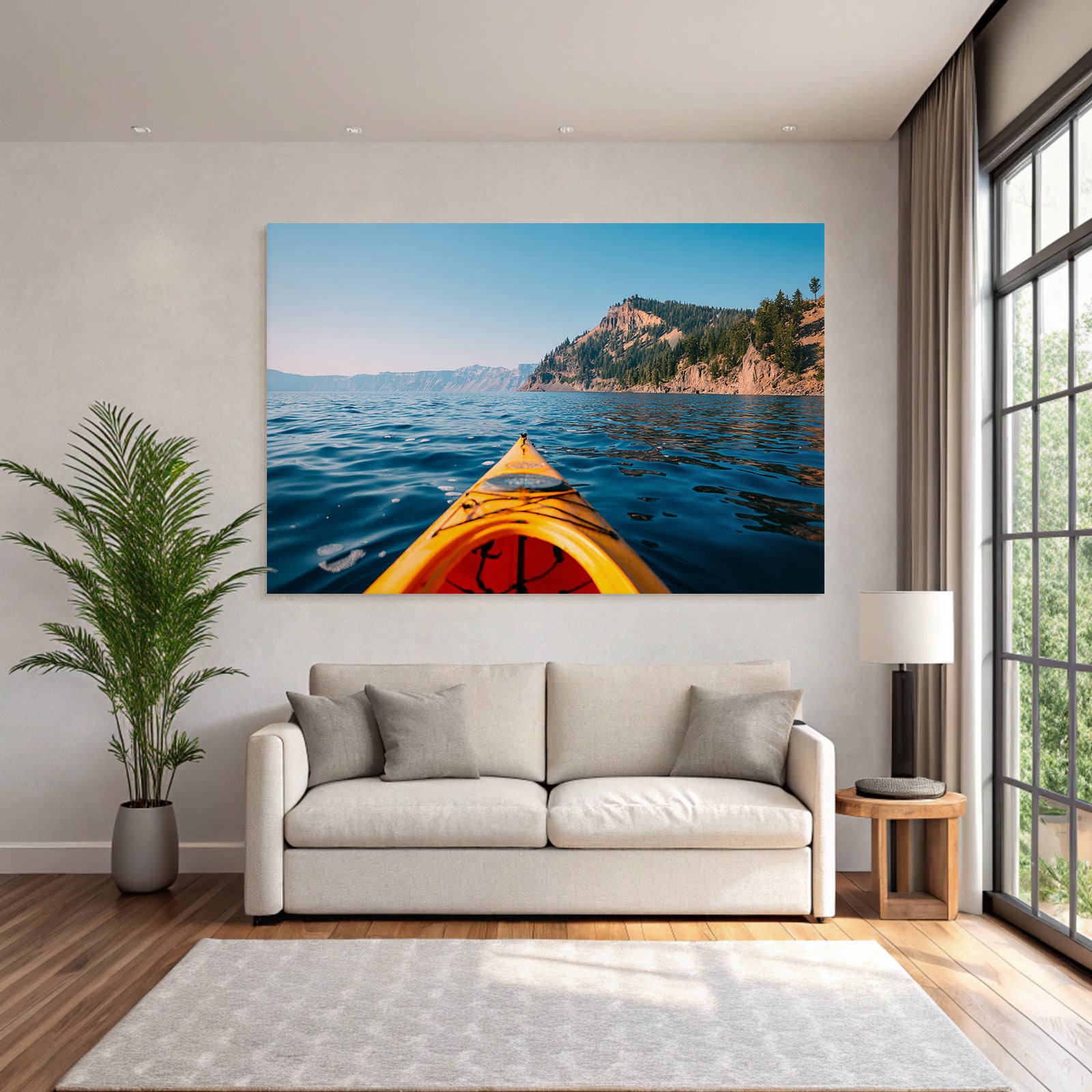 Kayak Auf See Mit Klippen Und Baeumen Unter Blaüm Himmel