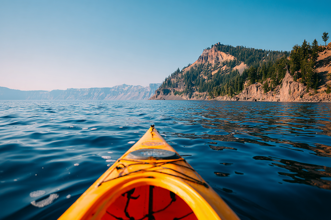 Kayak Auf See Mit Klippen Und Baeumen Unter Blaüm Himmel | Reisen und Outdoor | Themen und Hobbys