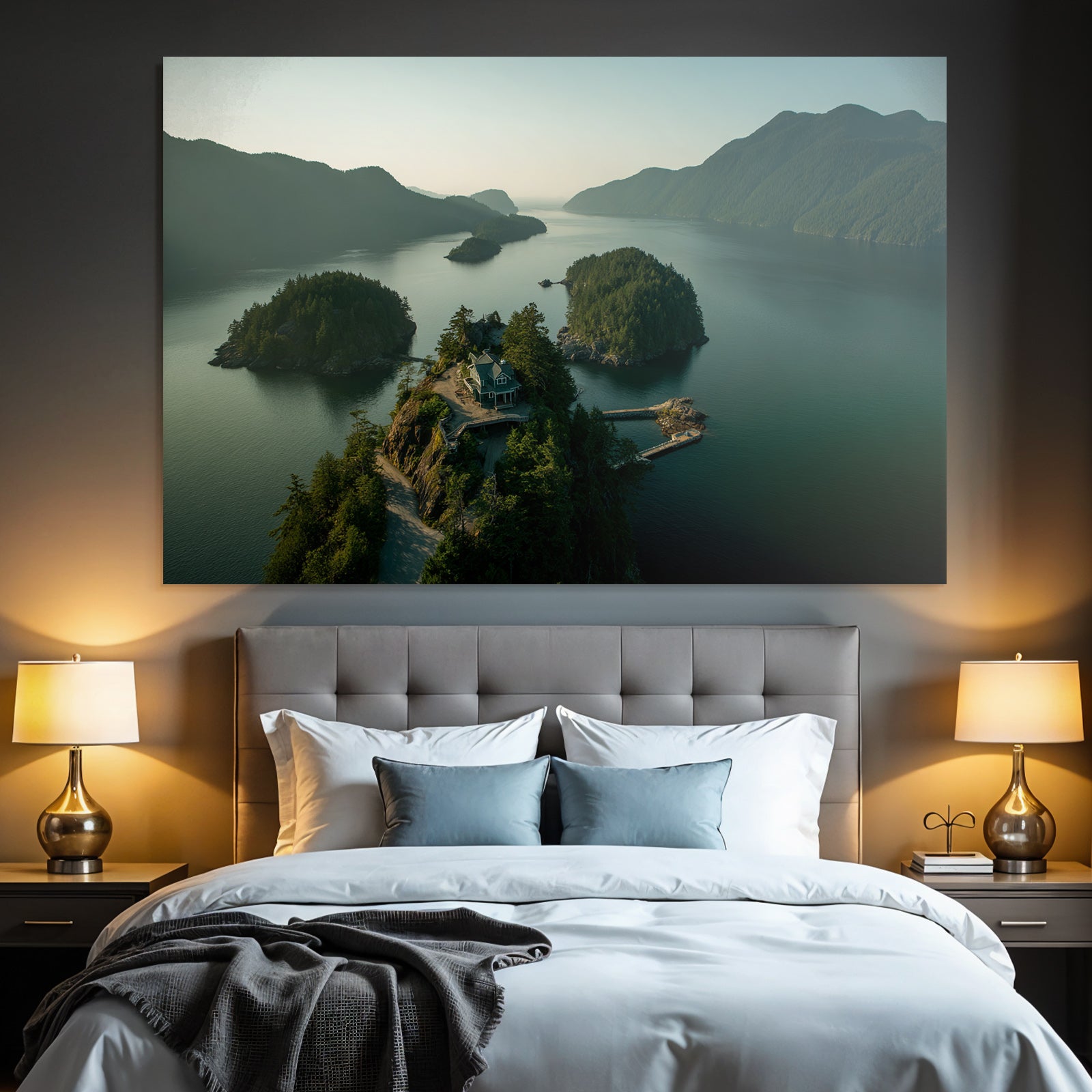Küstenlandschaft Haus Auf Felsen Mit Dock Und Inseln