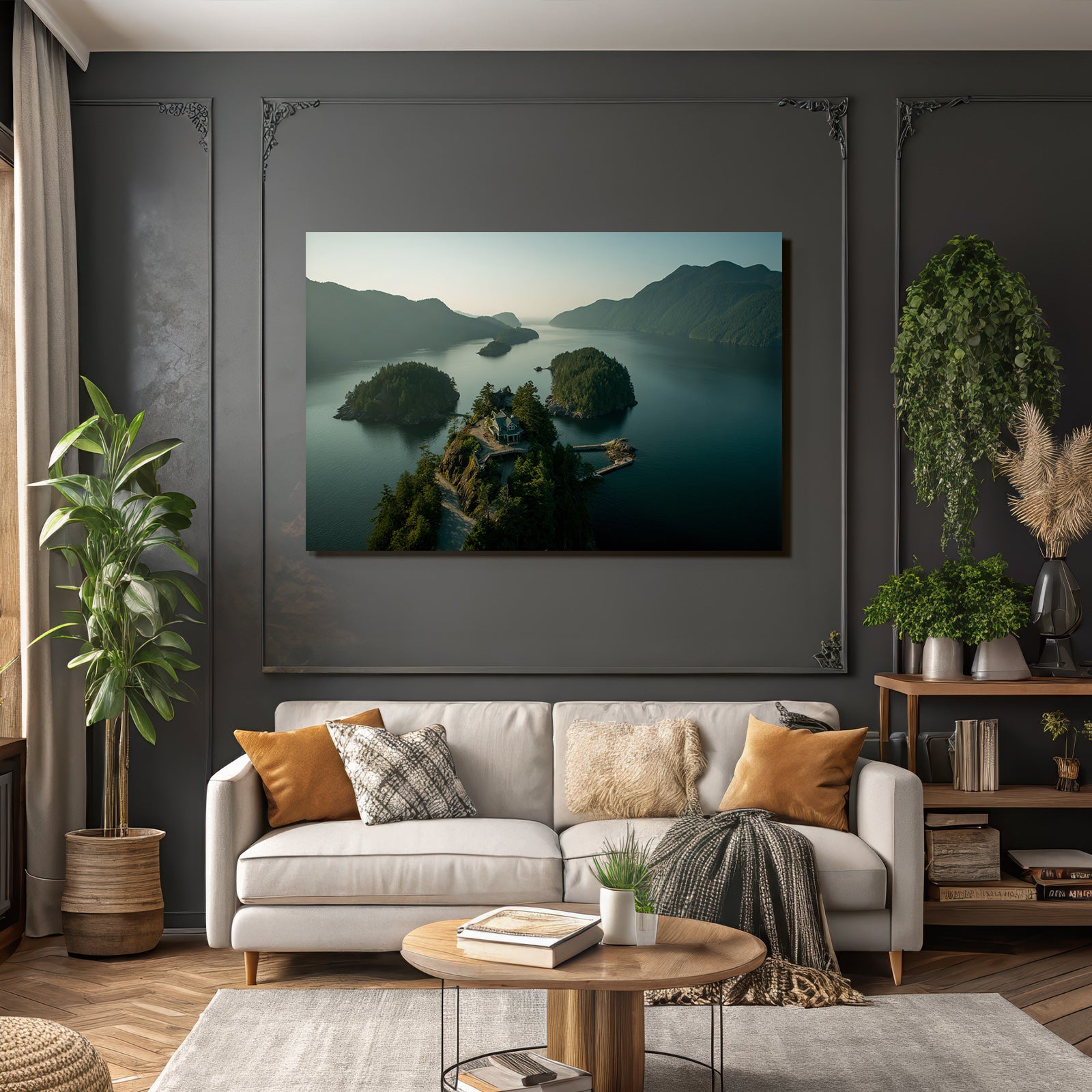 Küstenlandschaft Haus Auf Felsen Mit Dock Und Inseln