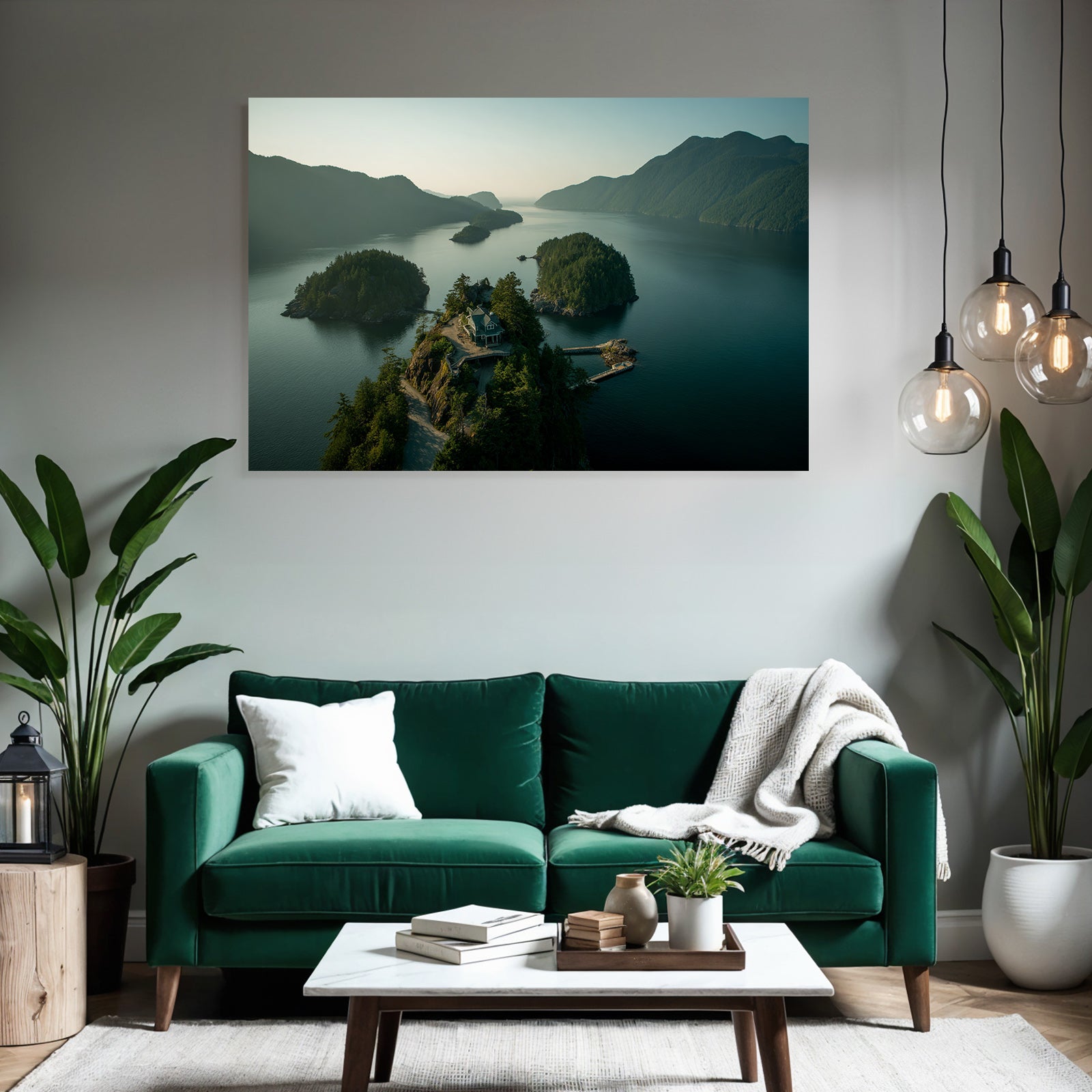 Küstenlandschaft Haus Auf Felsen Mit Dock Und Inseln